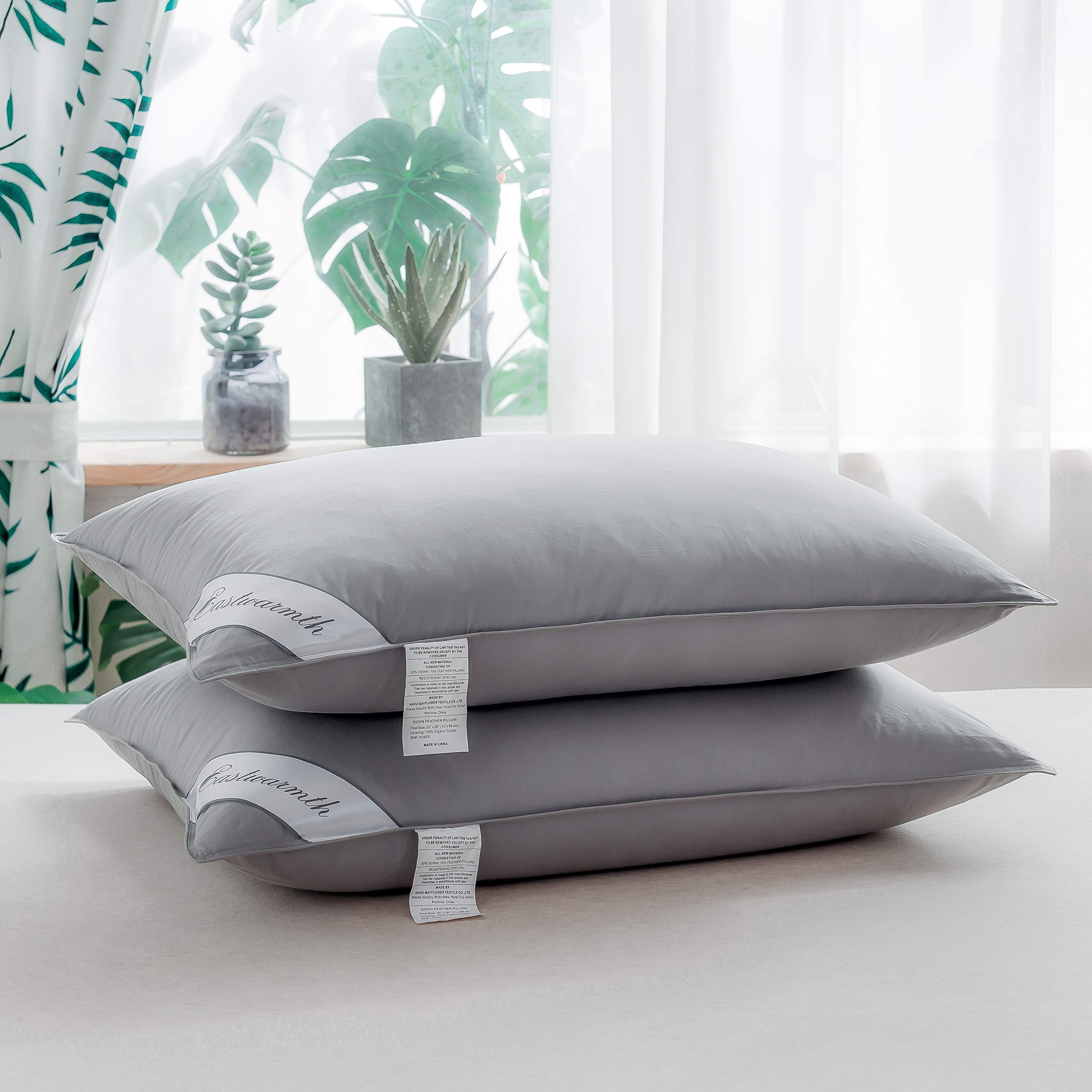 Eastwarmth Goose Down & Feather Pillows Soft Insert For Side And Back Sleepers Grey Color,100% Soft Cotton Standard 20X26In