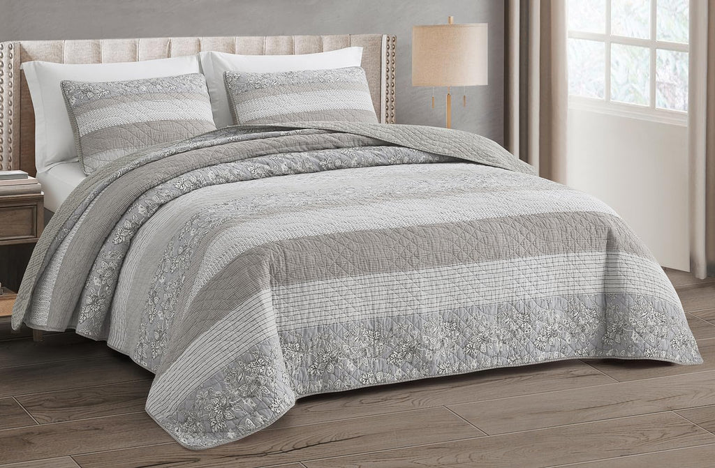 Chezmoi Collection Robyn 3-Piece Neutral Taupe Gray White Floral Hibiscus Flower Patchwork Striped Quilt Set - Pre-Washed Cotton