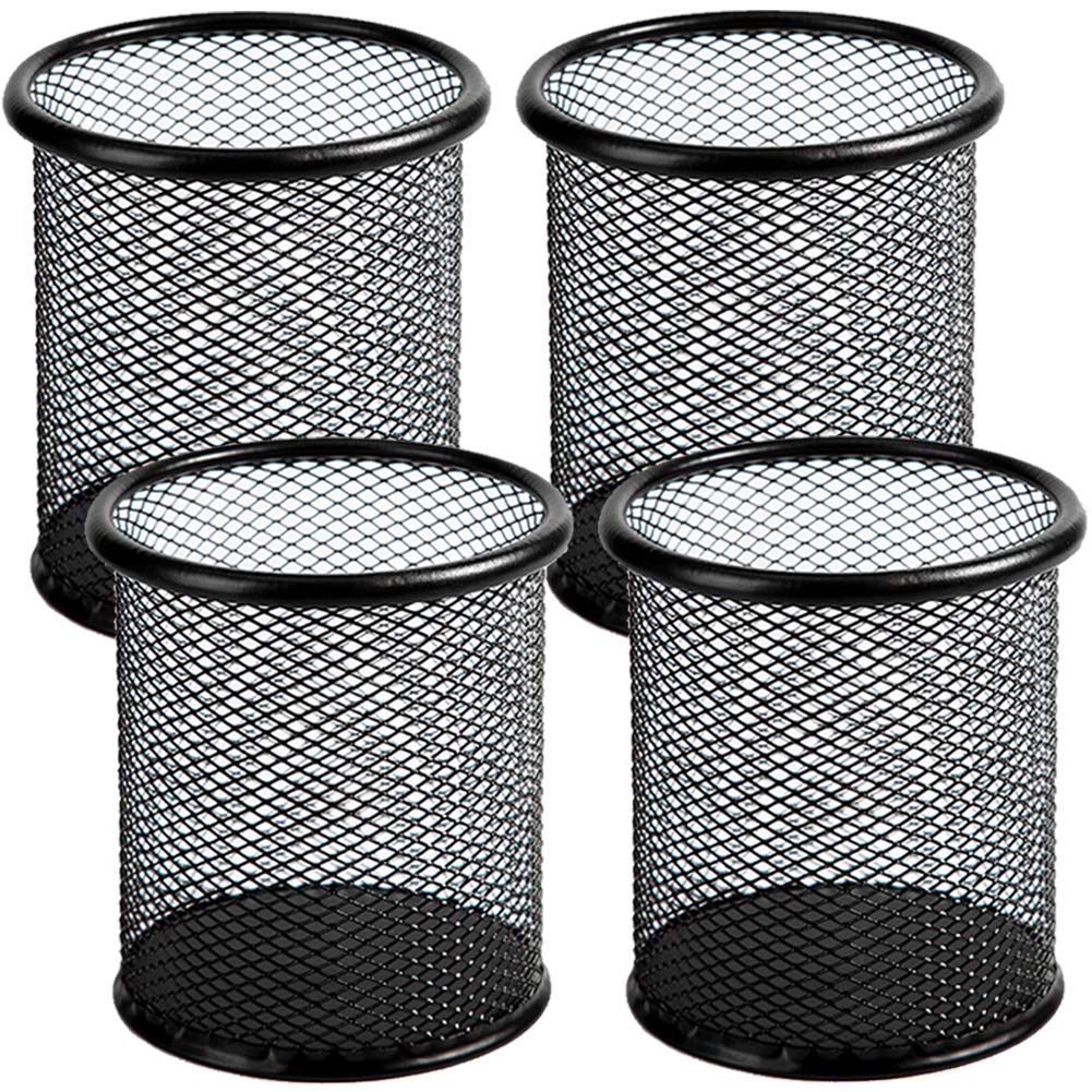 Ameceres 4 Packs Wire Mesh Pencil Holder Metal Pen Cup Desk Pen Organizer Case Pencil Jar Black For Office Home (Black)