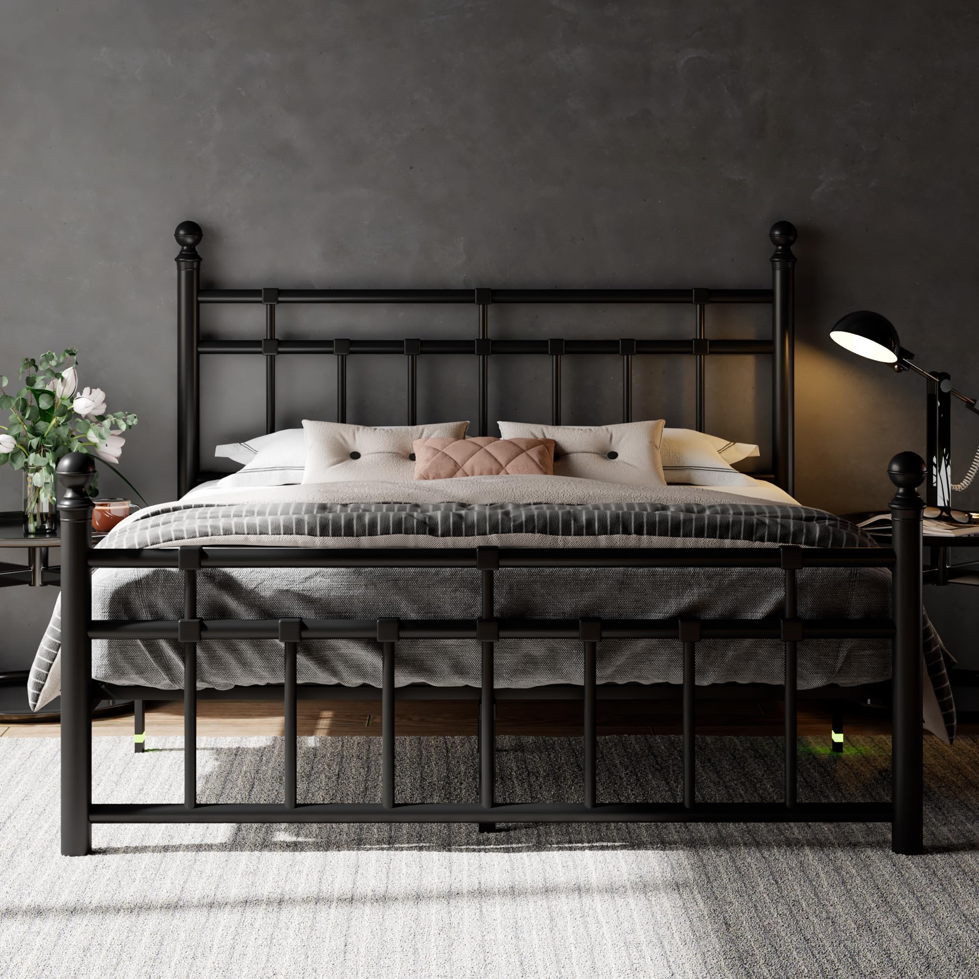 Feonase King Size Metal Platform Bed Frame with Victorian Classic Iron-Art Headboard & Footboard, Steel Slats Support, 12 Under 