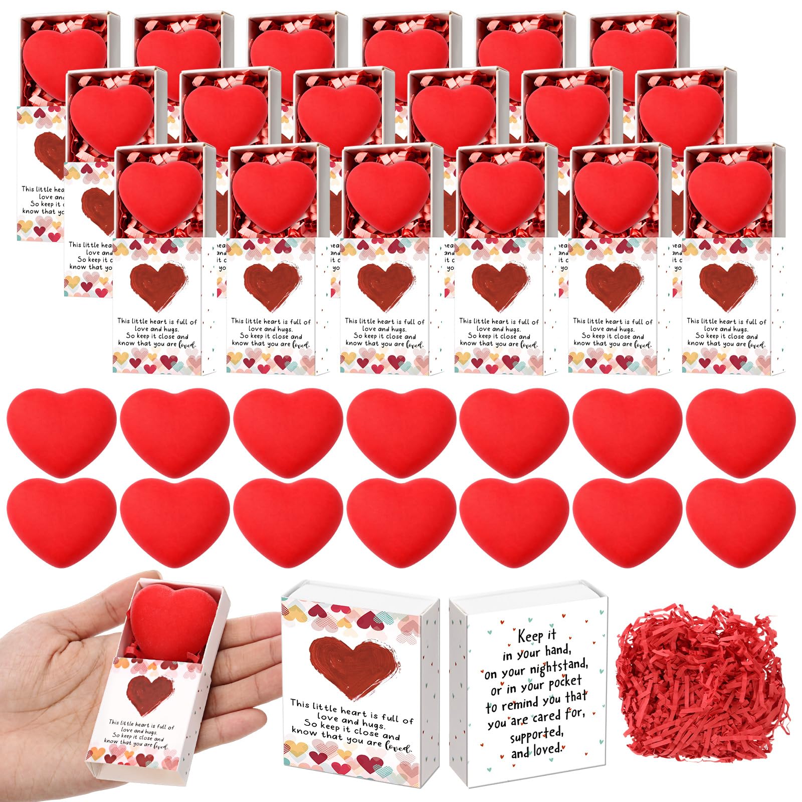 Wettarn 24 Sets You are Loved Gifts Heart Stress Balls with Support Boxes Pocket Hug Hearts for Emotional Positive Desk Decor Wo