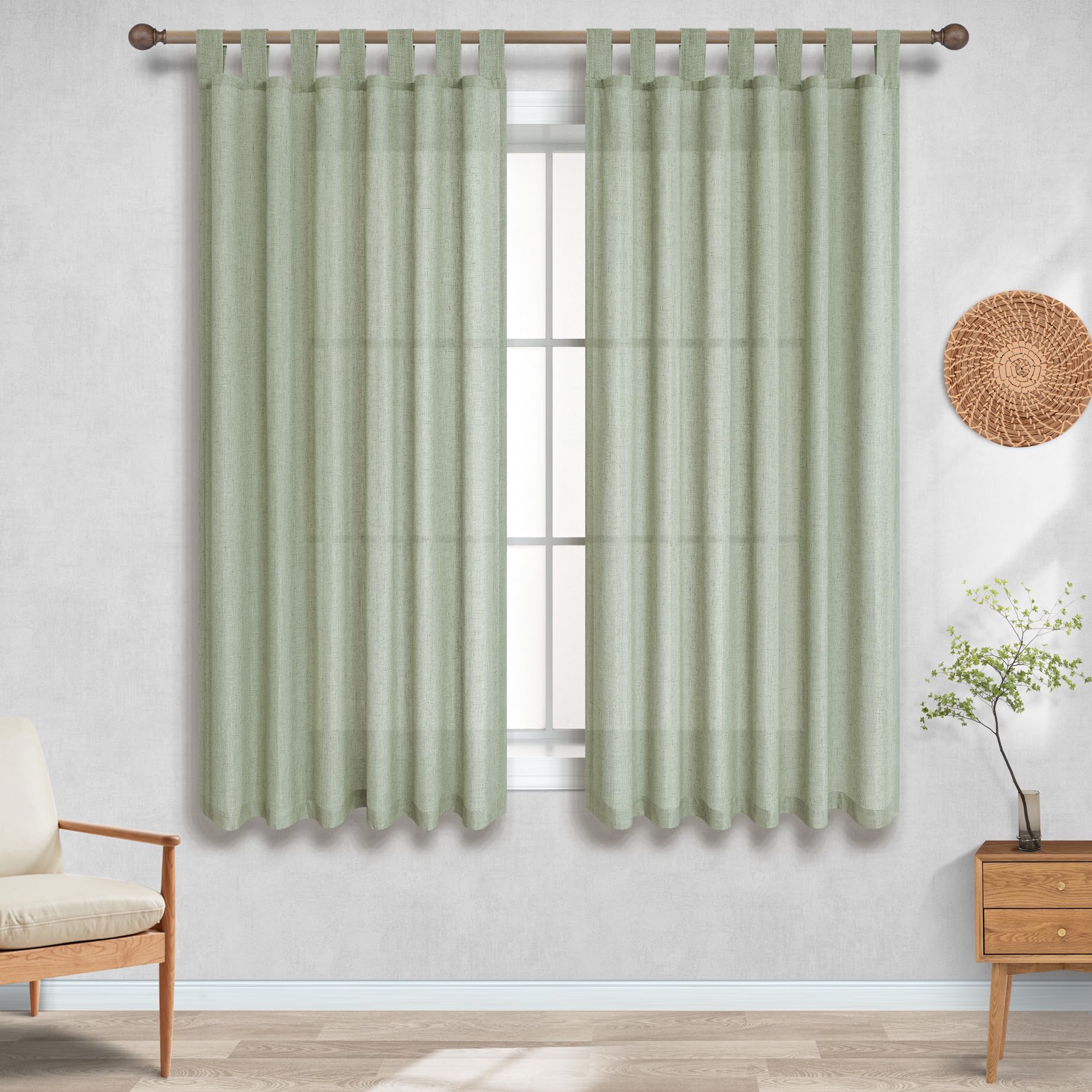 Koufall Sage Green Tab Top Linen Blend Curtains For Living Room 52X54 Inches Long