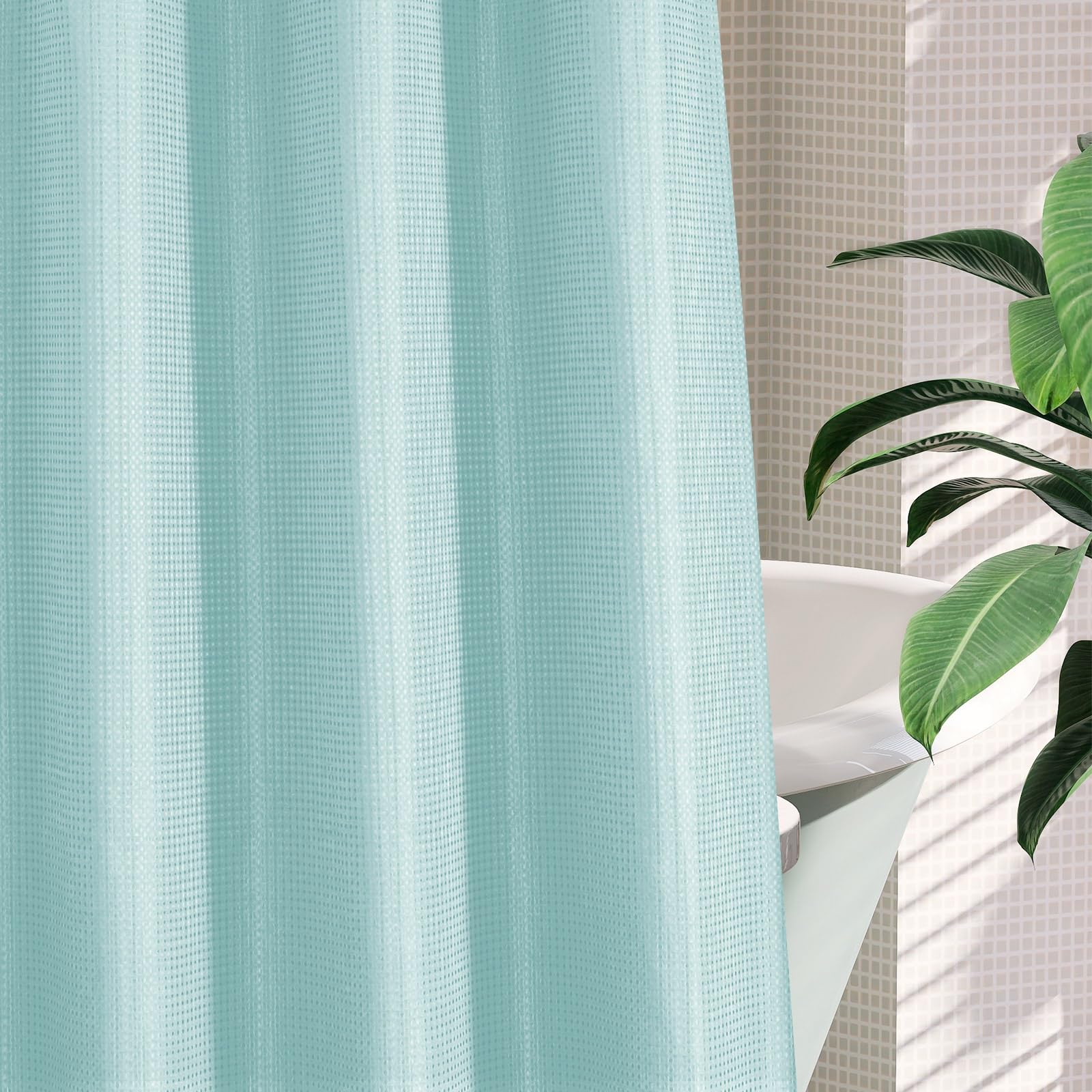 Mitovilla Teal No Hooks Needed Waffle Shower Curtain With Snap-In Liner, Turquoise Modern Waffle Weave Heavy Fabric Cloth Shower