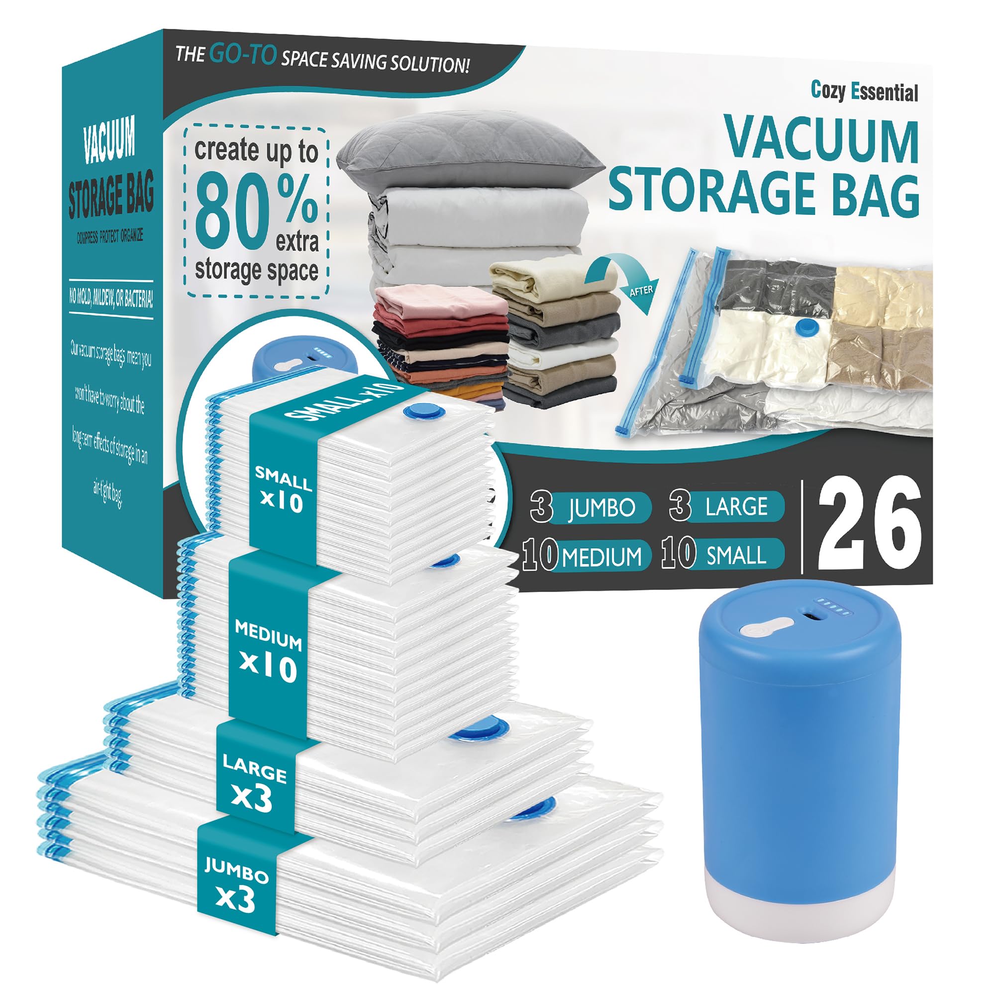 Vacuum Storage Bags with Electric Pump, 26 Pack (3 Jumbo/3 Large/10 Medium/10 Small) Vacuum Seal Space Saver Bags for Clothing, 