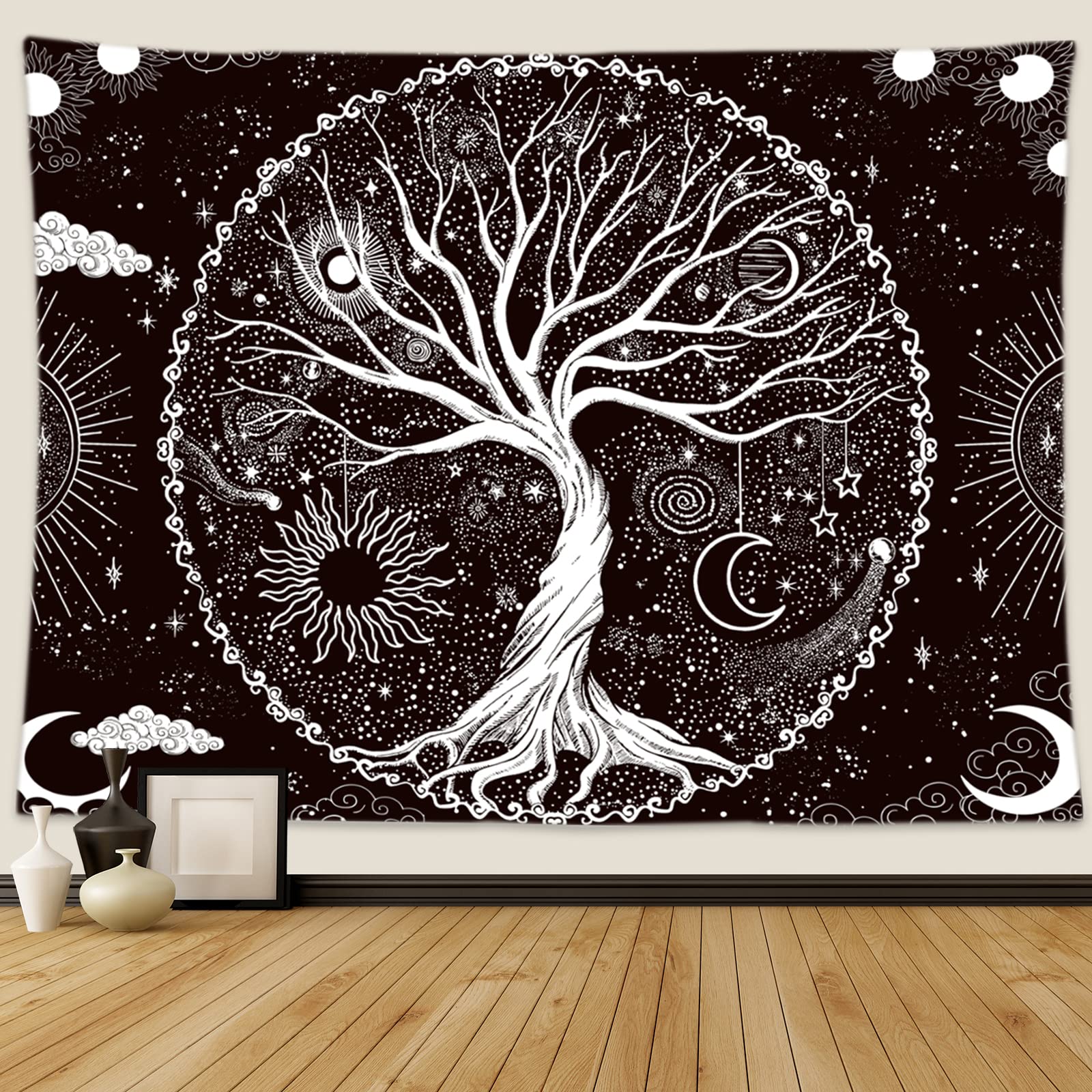 Wonrizon Tree of Life Tapestry,Black and White Galaxy Space Tapestries Aesthetic Psychedelic Wall Hanging decor for Living Room 