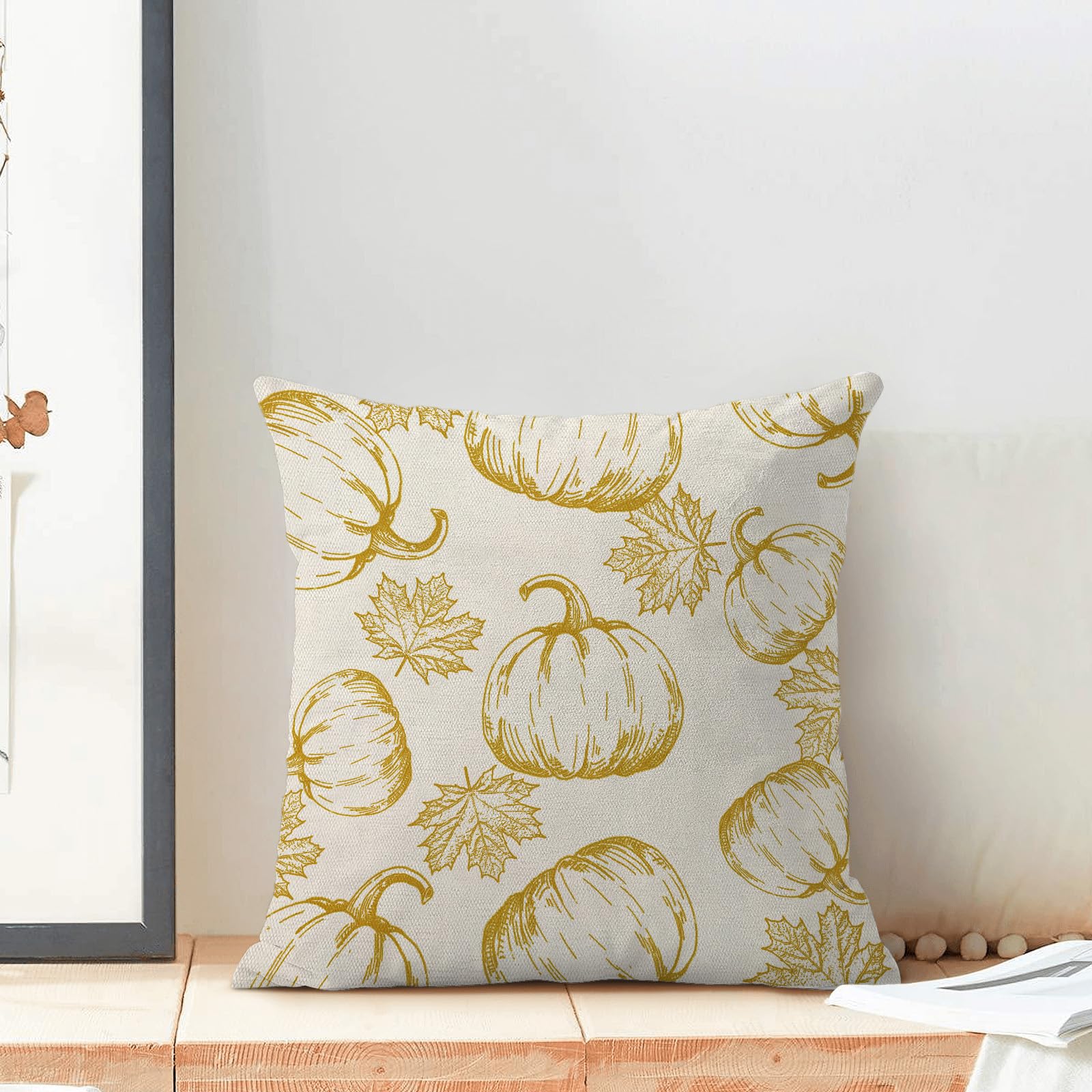 Autumn Pillow Covers 18X18 Set Of 2 Fall Yellow Pumpkin Maple Leaves Throw Pillow Covers Thanksgiving Decoration Pillowcase For