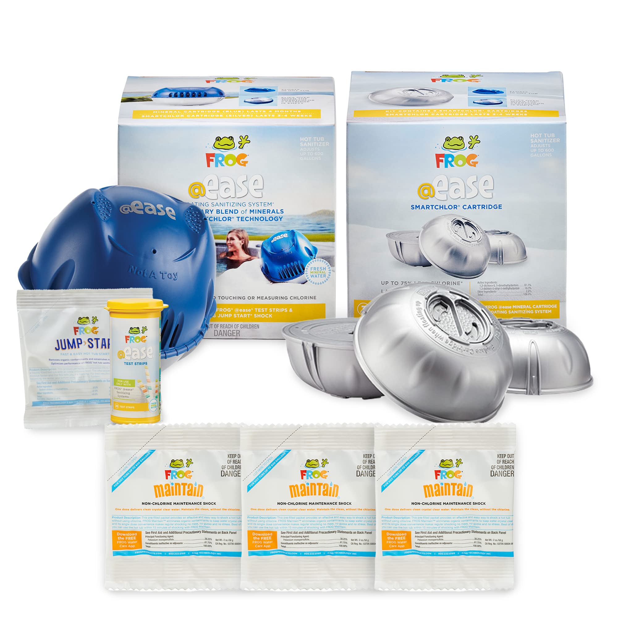 Frog @Ease Floating System + 3 Pack Of Smartchlor Replacements + 3 Frog Maintain Non-Chlorine Shock Treatments For Hot Tubs