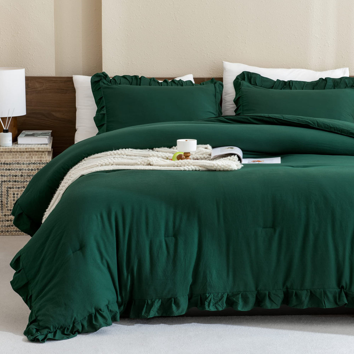 Andency Dark Emerald Green Comforter Set King, 3 Pieces Lightweight Ruffle Bedding Comforter Sets, Farmhouse Ruffle Bed Comforte