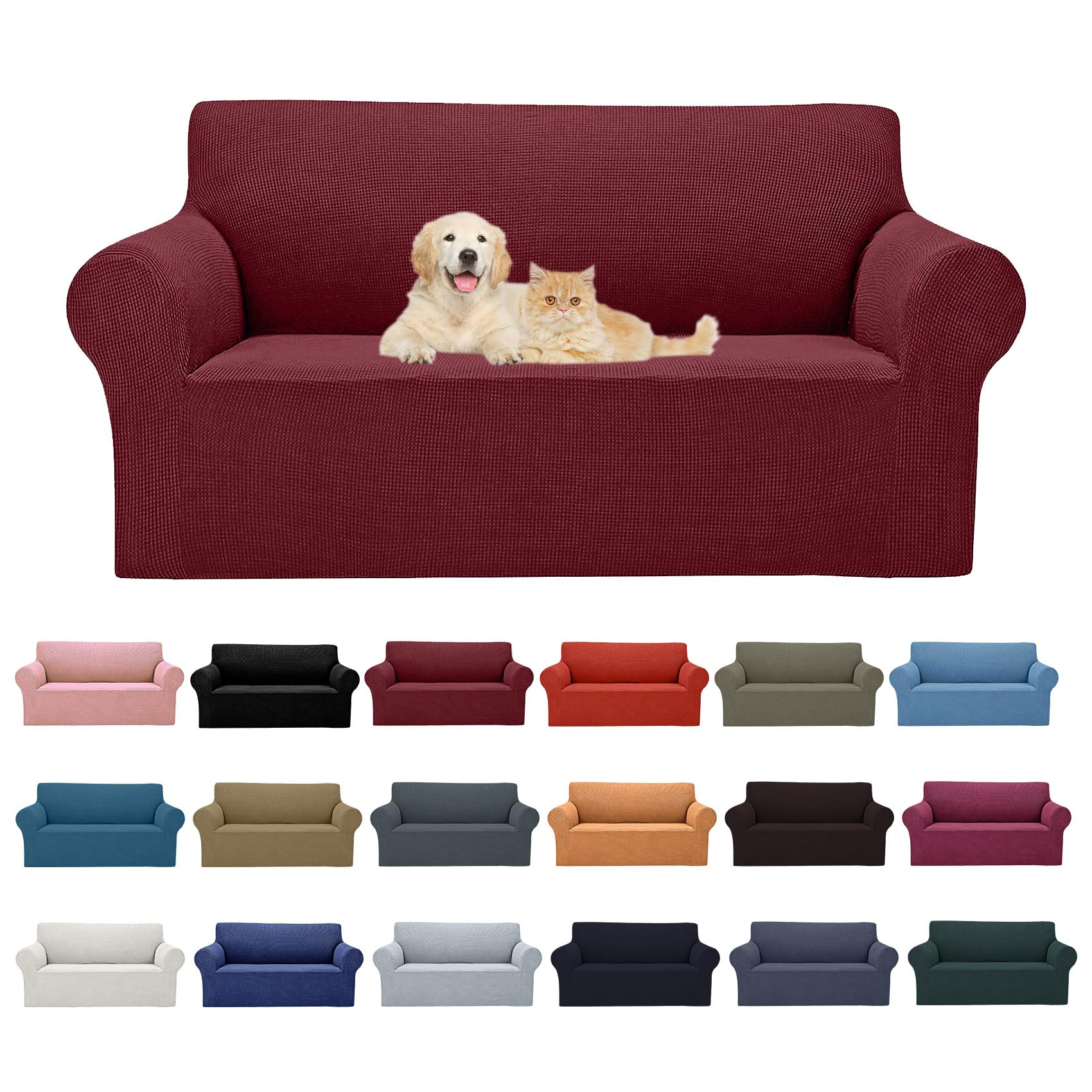 2025 New Stretch Loveseat Sofa Slipcovers Couch Cover For 2 Cushion Furniture Protector Sofa Covers With Elastic Bottom Jacquard Fabric Small Checks For Pets, Kids - Dark Red