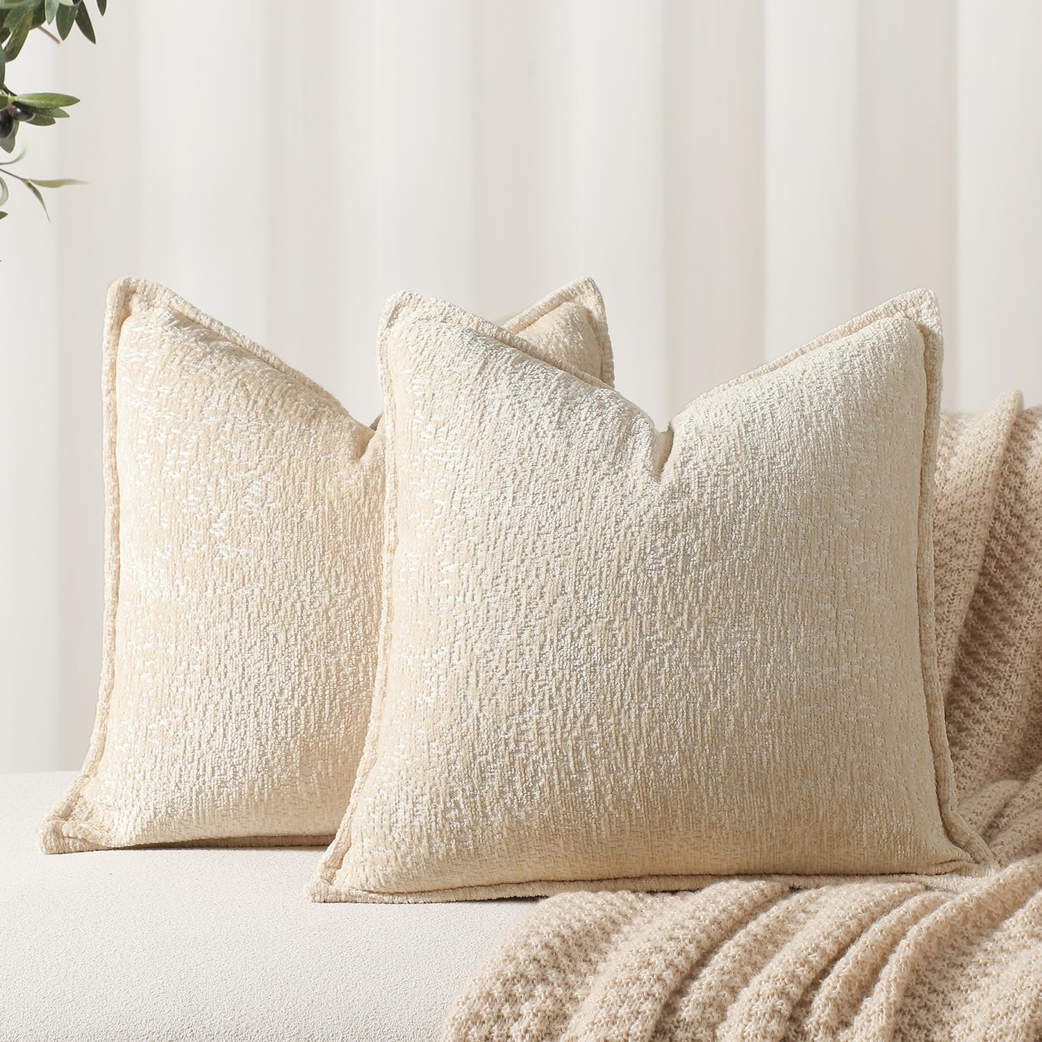 Dezene Pack Of 2 Beige Decorative Throw Pillow Covers 16X16 Cozy Soft Chenille Accent Vintage Square Couch Pillow Covers For Hom