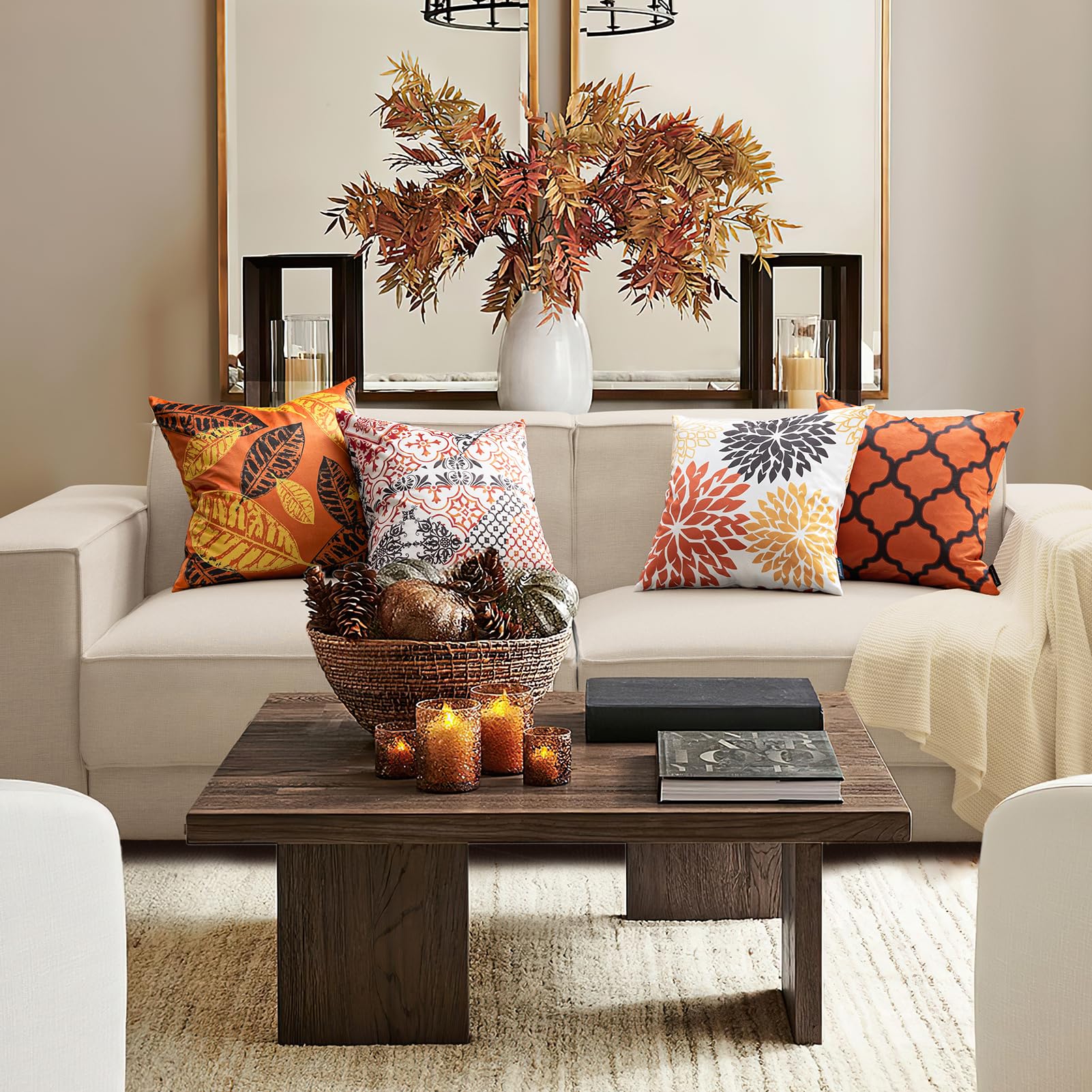 Phantoscope Set Of 4 New Living Series Halloween Leaf Geometric Throw Decorative Fall Velvet Pillow Cover Cushion Cover, Orange
