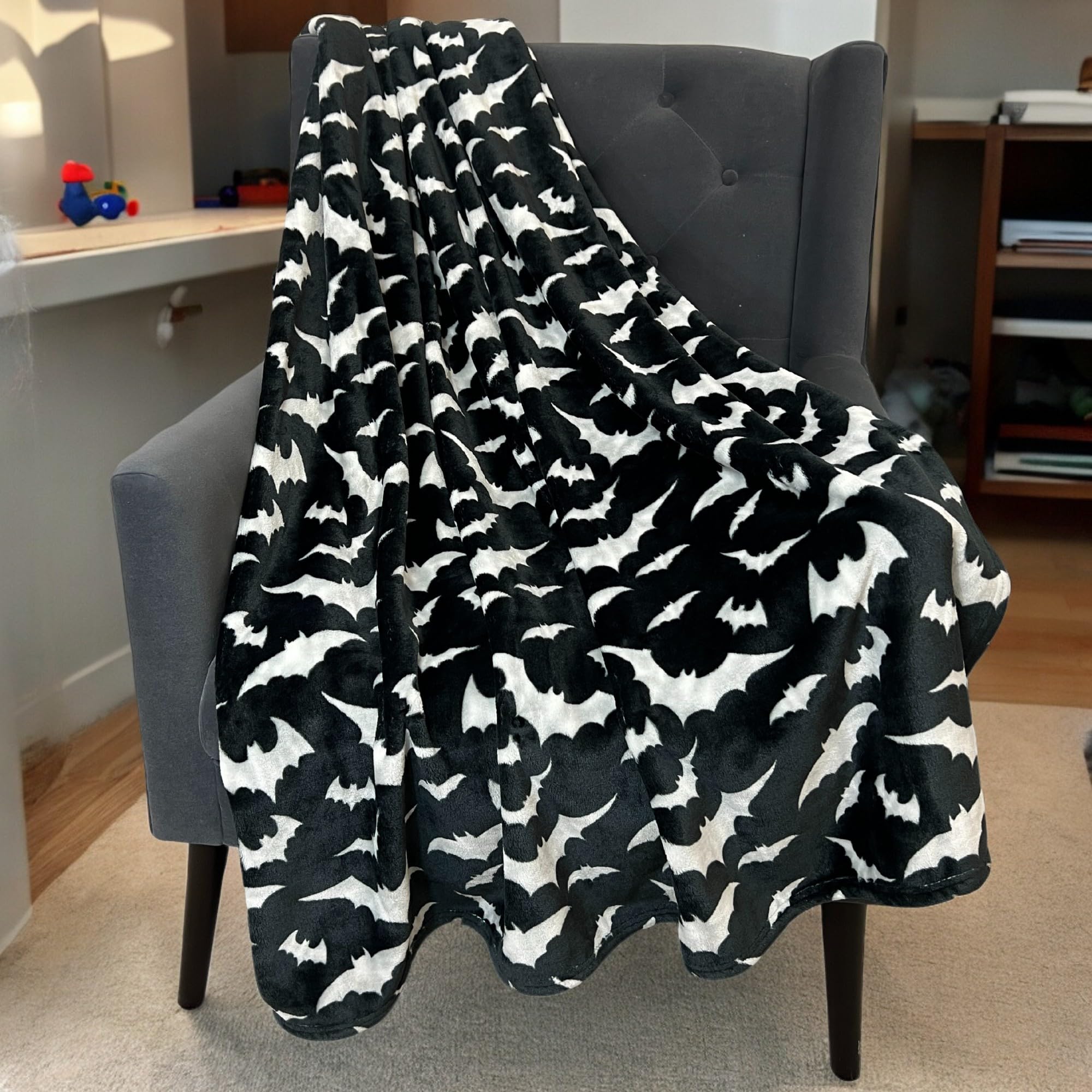 Spooky Halloween Throw Blanket For Couch Or Sofa: Silver Night Bats On Black Design On Soft Velvet Fleece Oversized 50' X 70'