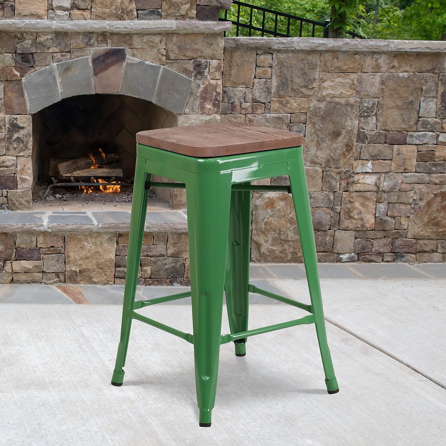 Flash Furniture Lily 24&quot; High Backless Green Metal Counter Height Stool With Square Wood Seat