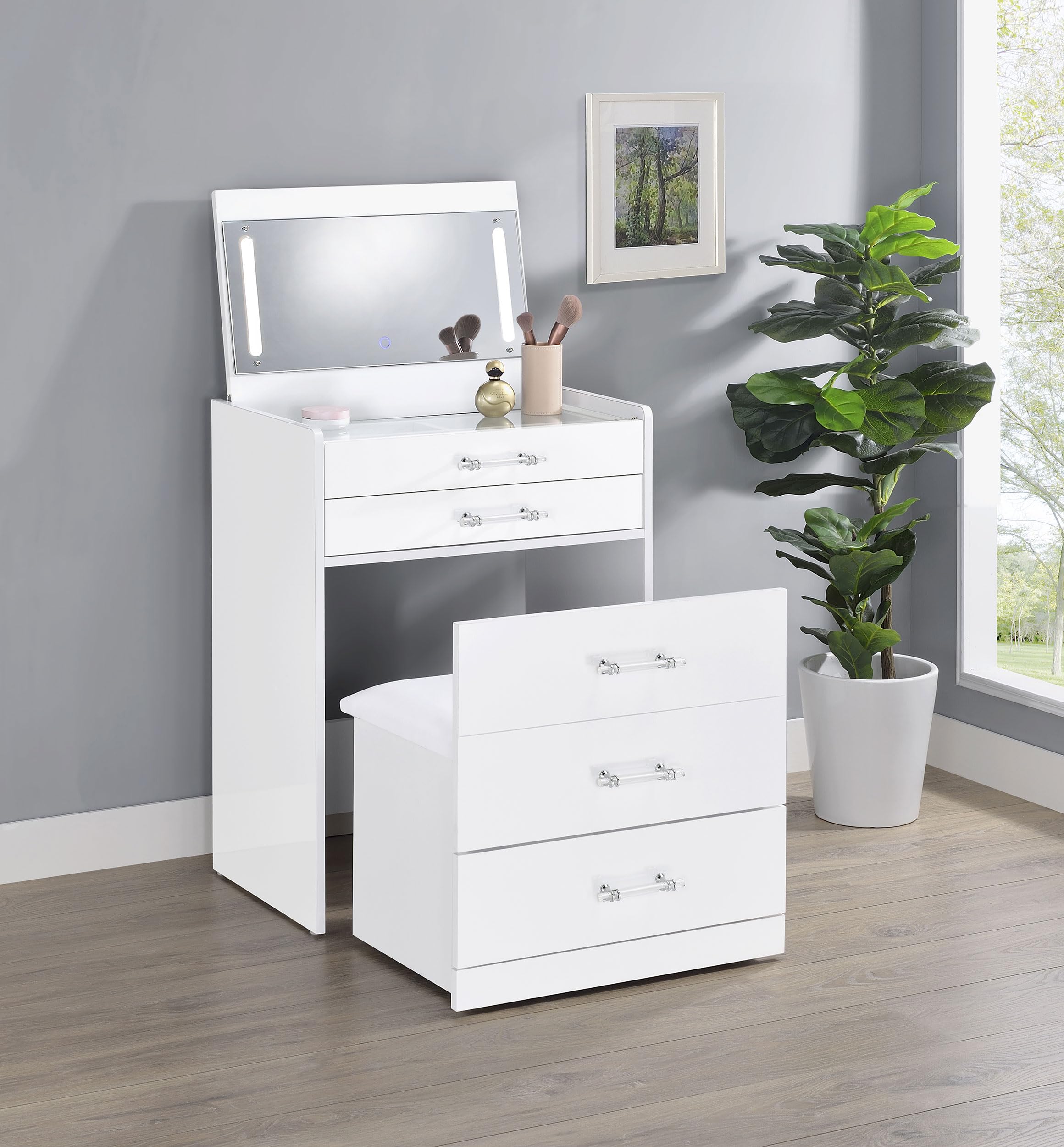 Coaster Home Furnishings Danbury Contemporary 2-Piece 2-Drawer Makeup Vanity Desk with LED Light Vanity Mirror Tempered Glass Top with Vanity Chair White High Gloss 930208