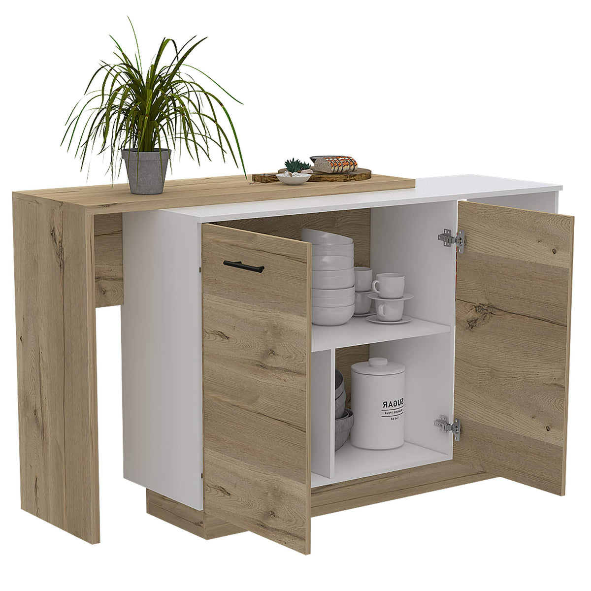 Creta Kitchen Island, Double Door Cabinets, 2 External Shelves, 3 Shelves, White/Light Oak