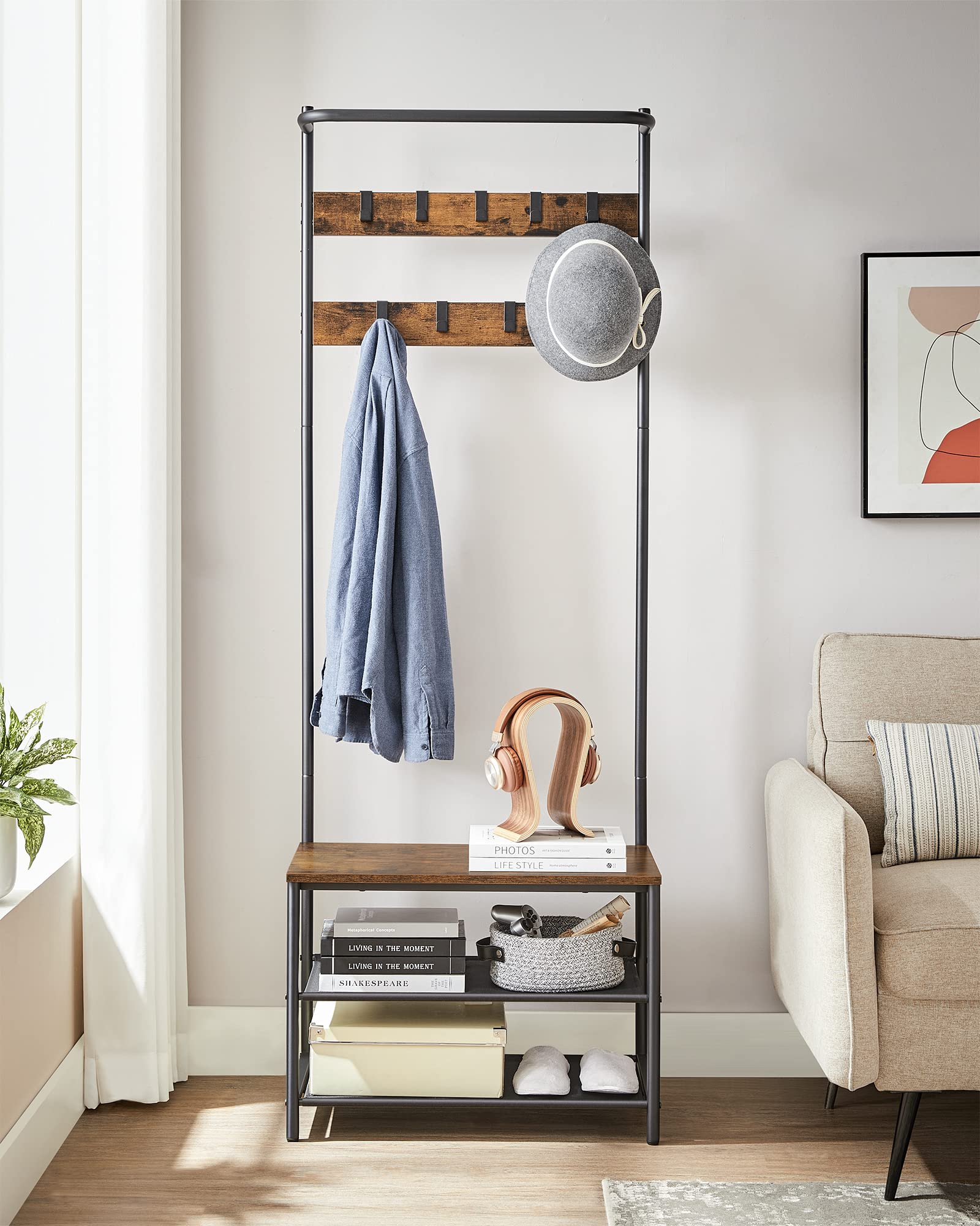 Vasagle Hall Tree With Bench And Shoe Storage, Entryway Bench With Coat Rack Stand And Shoe Rack, 9 Movable Hooks, Top Bar, Fabric Shelves, Industrial, Rustic Brown And Black Uhsr411B01