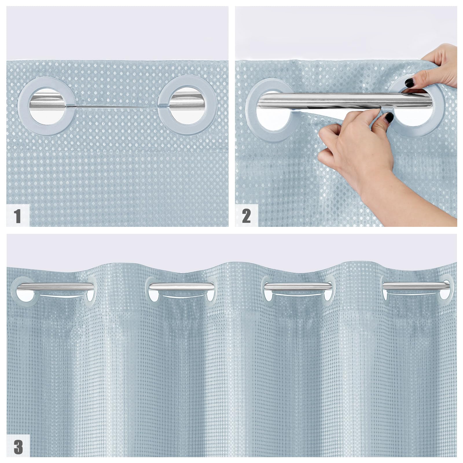 Mitovilla No Hooks Needed Extra Long Shower Curtain Set With Snap-In Liner, Blue 86 Inch Xl Heavyweight Waffle Fabric Cloth Show