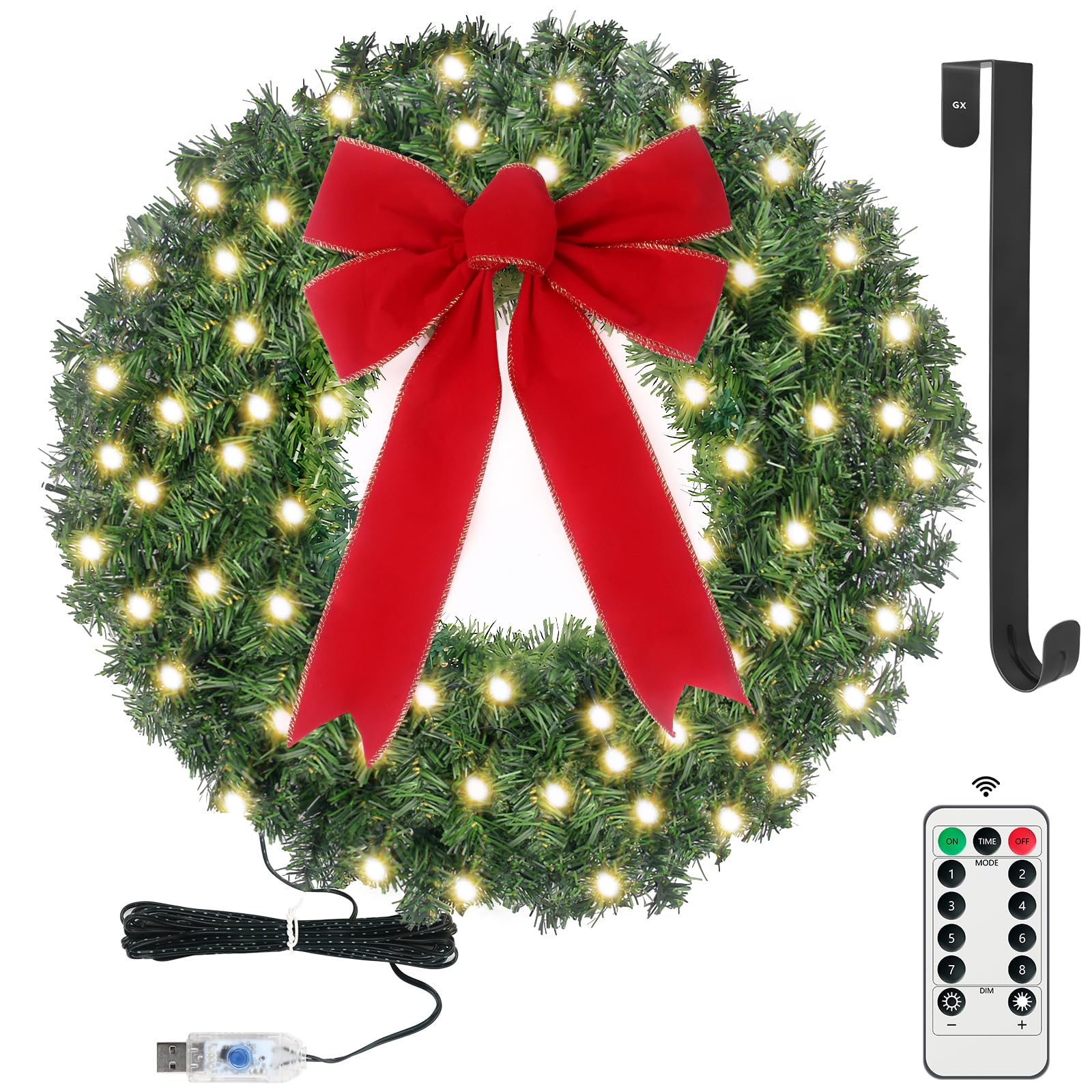 24in Pre Lit Christmas Wreath with Lights & Timer & Remote - 50 LEDs, 8 Lighting Modes -Lighted Christmas Wreath for Front Door 