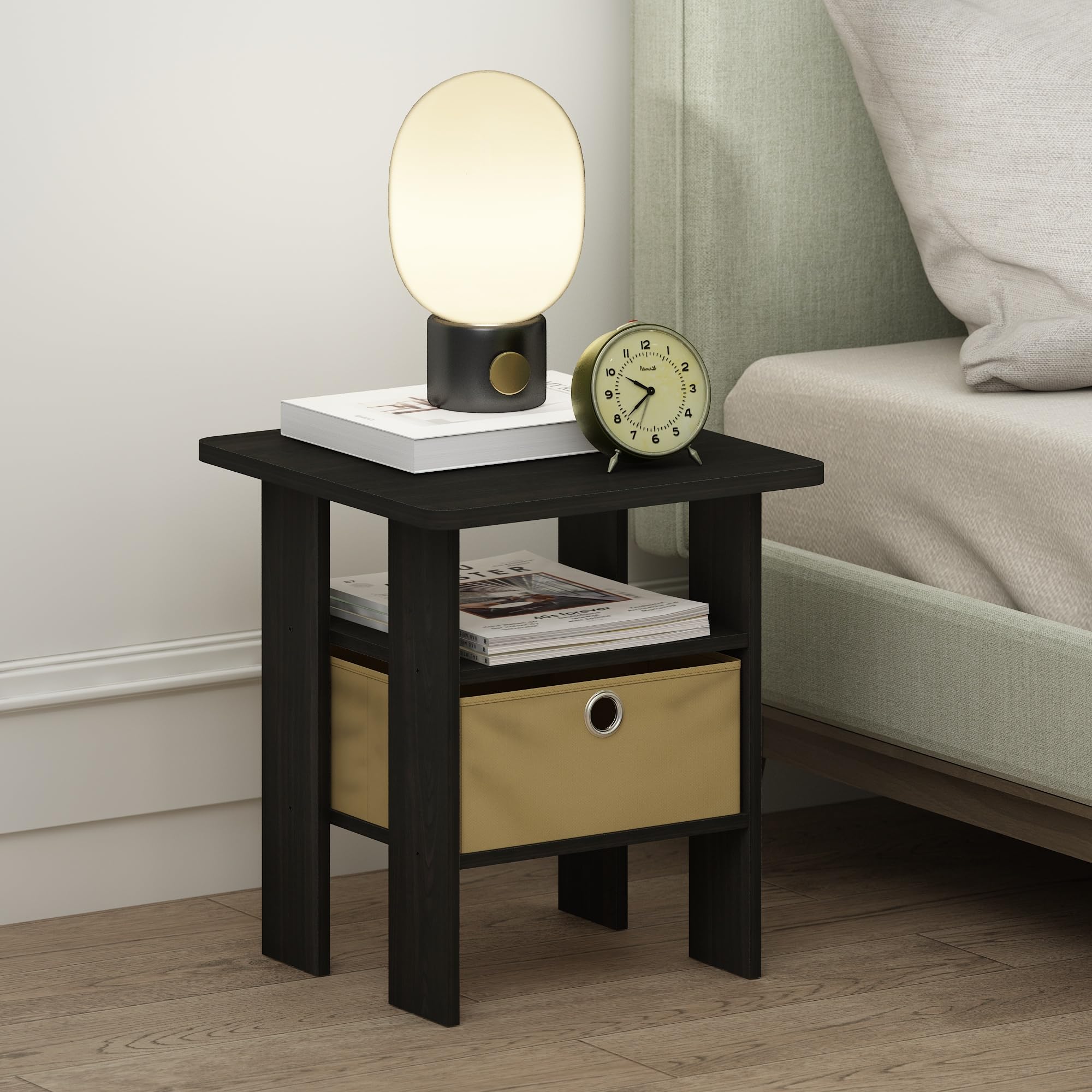 Furinno Tidur Bedside Table Nightstand With Bin Drawer, Espresso/Brown, Set Of 2
