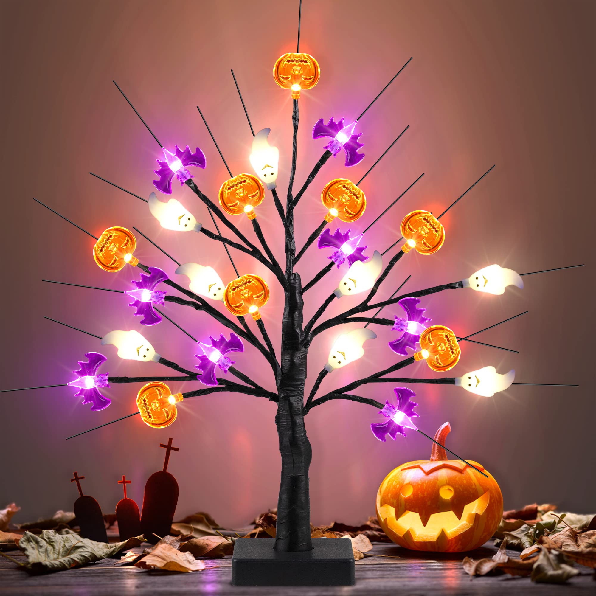 18 Inch Black Halloween Tree Light with 24 LED Pumpkin Bat Ghost Lights, Timer/USB/Battery Operated Halloween Lights Halloween D