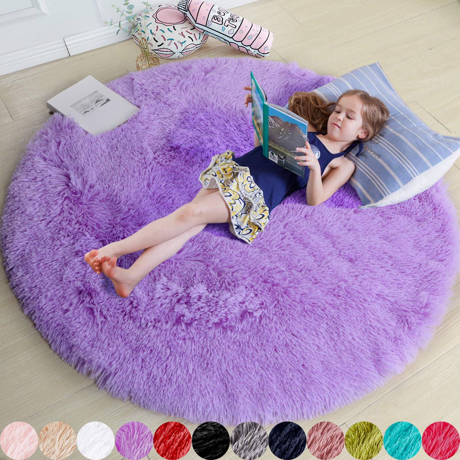 Purple Round Rug for Girls Bedroom,Fluffy Circle Rug 5X5 for Kids Room,Furry Carpet for Teens Room,Shaggy Circular Rug for Nu