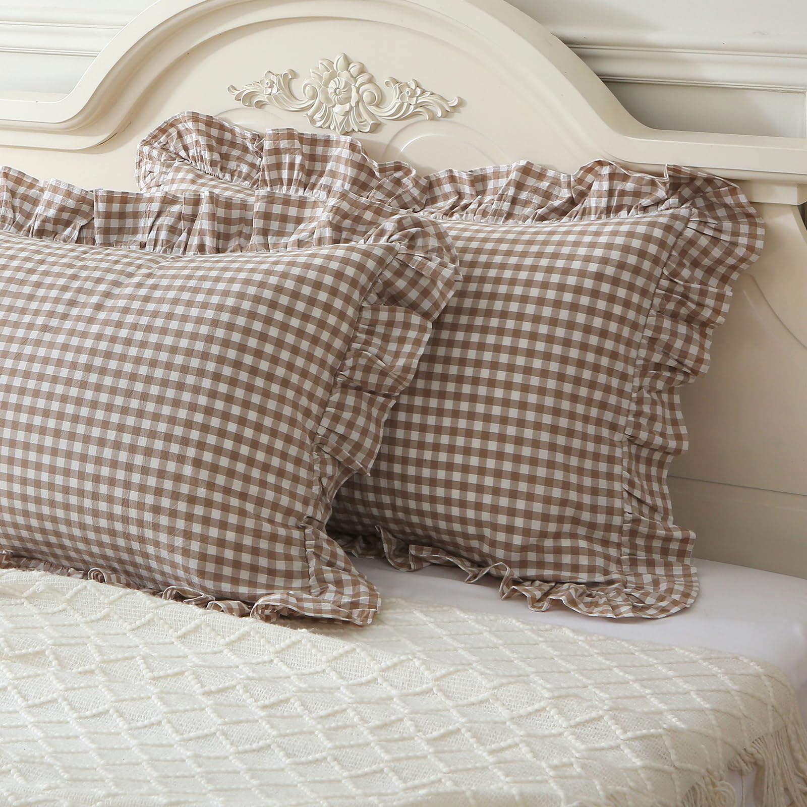 Mywinlle Taupe/White Plaid Ruffle Pillowcases Farmhouse Standard Size Pillow Shams,Shabby Checkered Gingham Pillow Cover Washed