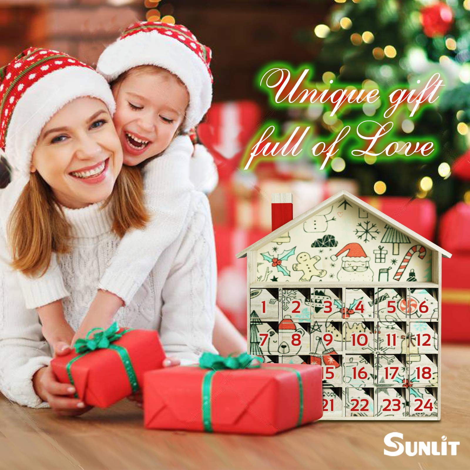 Sunlit Christmas Wooden Advent Calendar With Drawers, Unfinished Wooden, House Shaped Countdown Calendar Ready To Decorate And P