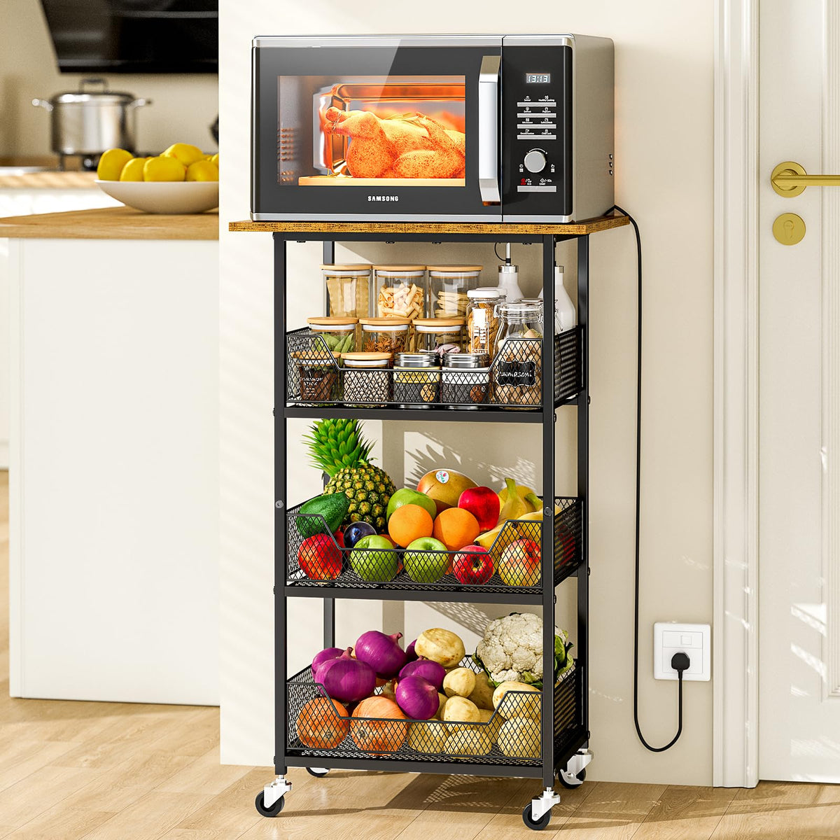 ThreeHio Rolling Kitchen Microwave Cart with Fruit Baskets, 4 Tier Microwave Table Stand with Storage, Kitchen Storge Shelf on W