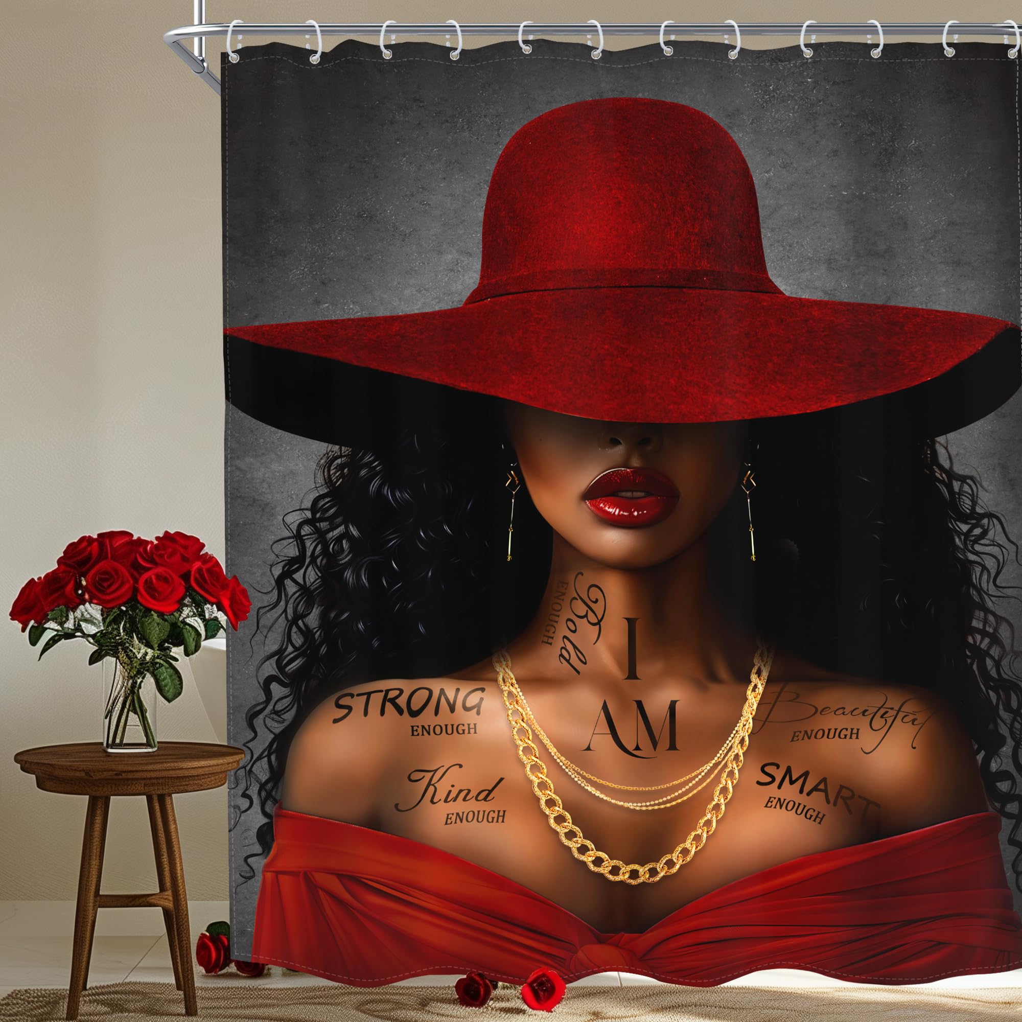 MESHELLY Red Black Girl Shower Curtain 60Wx72H African American Inspirational Quotes Shower Curtain Black Woman Shower Curtain F