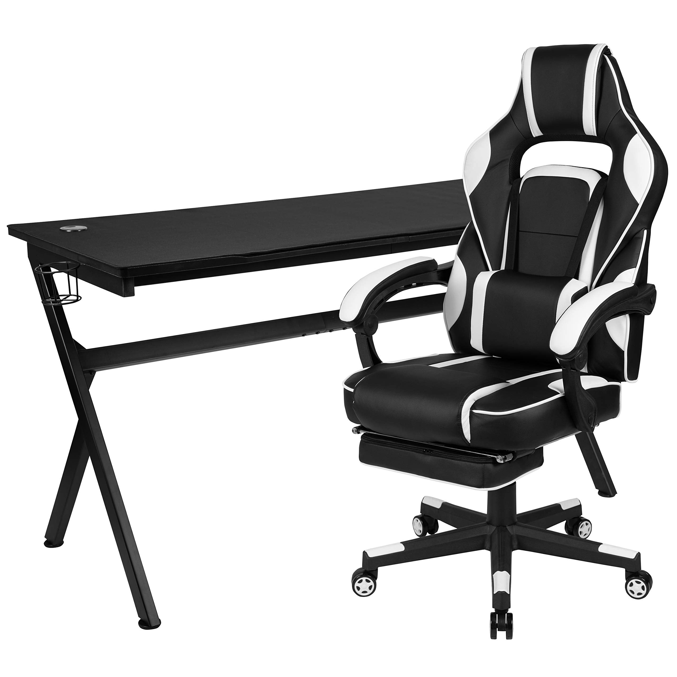 Flash Furniture Optis Gaming Desk With Cup Holder/Headphone Hook/Removable Mousepad Top & White Reclining Back/Arms Gaming Chair With Footrest
