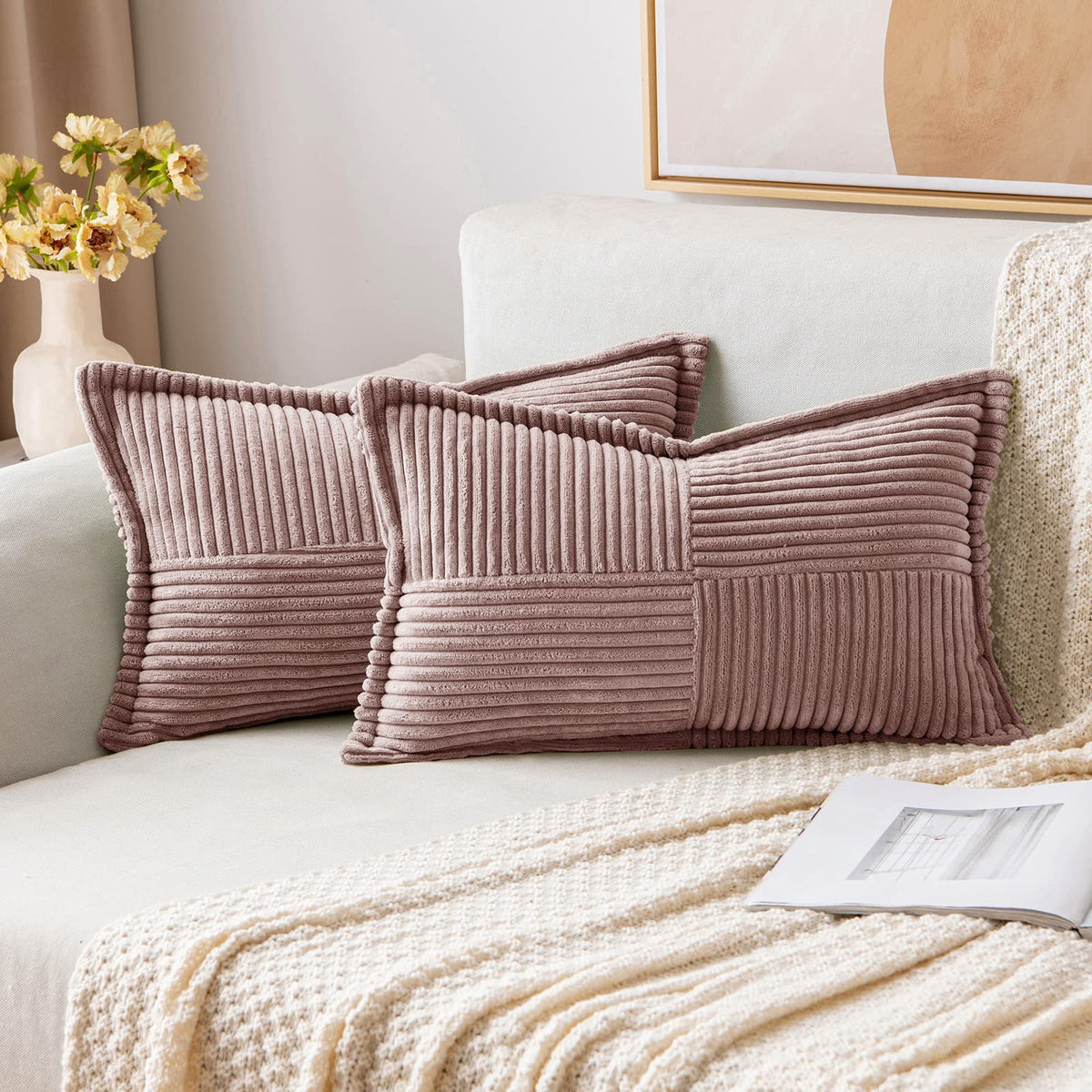 Miulee Blush Pink Corduroy Pillow Covers With Splicing Set Of 2 Super Soft Couch Pillow Covers Broadside Striped Decorative Text