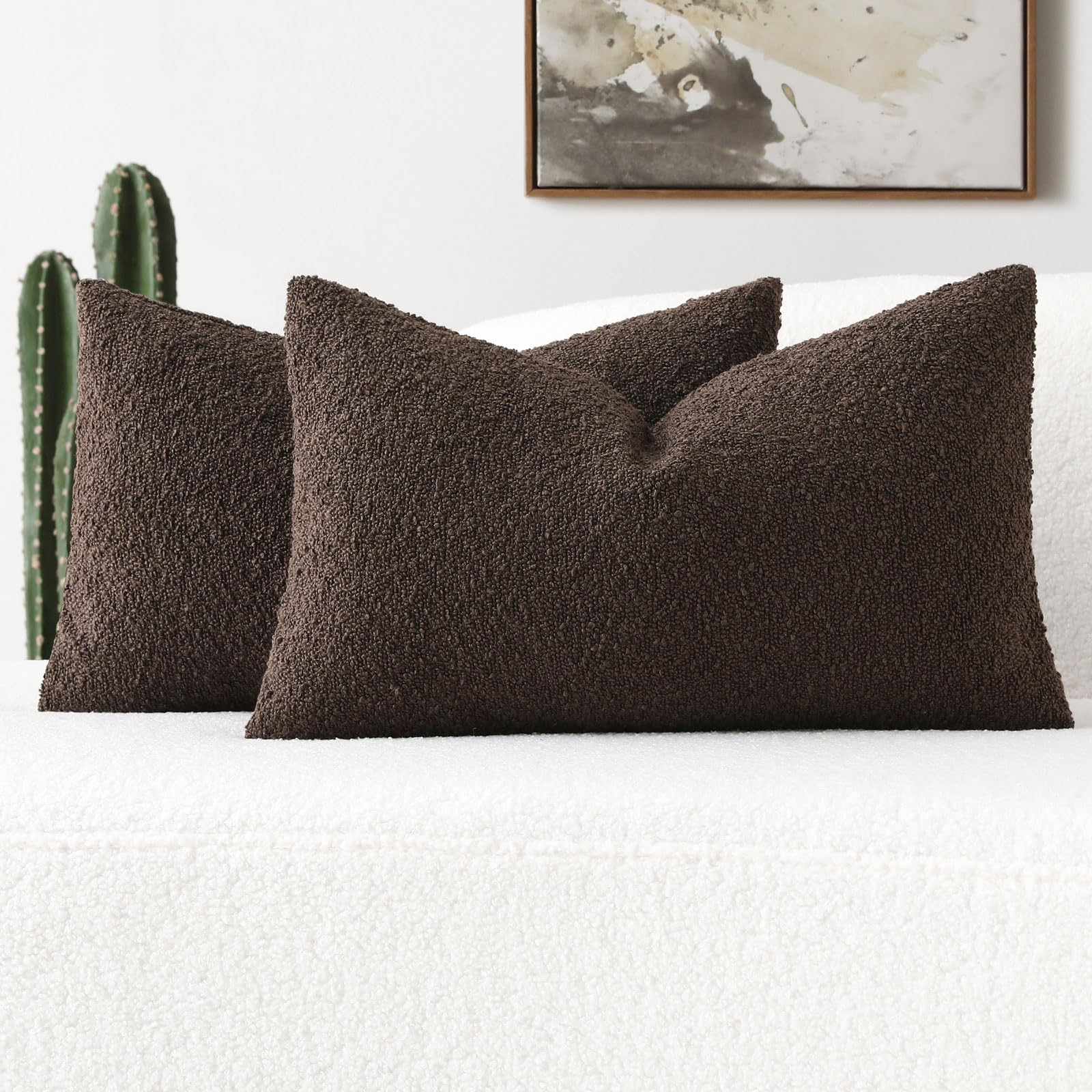 Futei Pack Of 2 Dark Coffee Boucle Accent Decorative Throw Pillow Covers,12X20 Inch Soft Solid Textured Lumbar Pillow Cases,Home