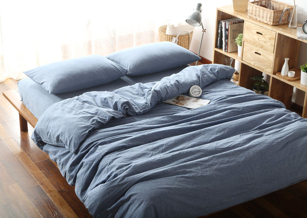F.Y.Dreams 100% Washed Cotton Duvet Cover For Weighted Blanket 60X80 Inches With 8 Ties,Zipper On Long Side/Demin Blue/Just Duve