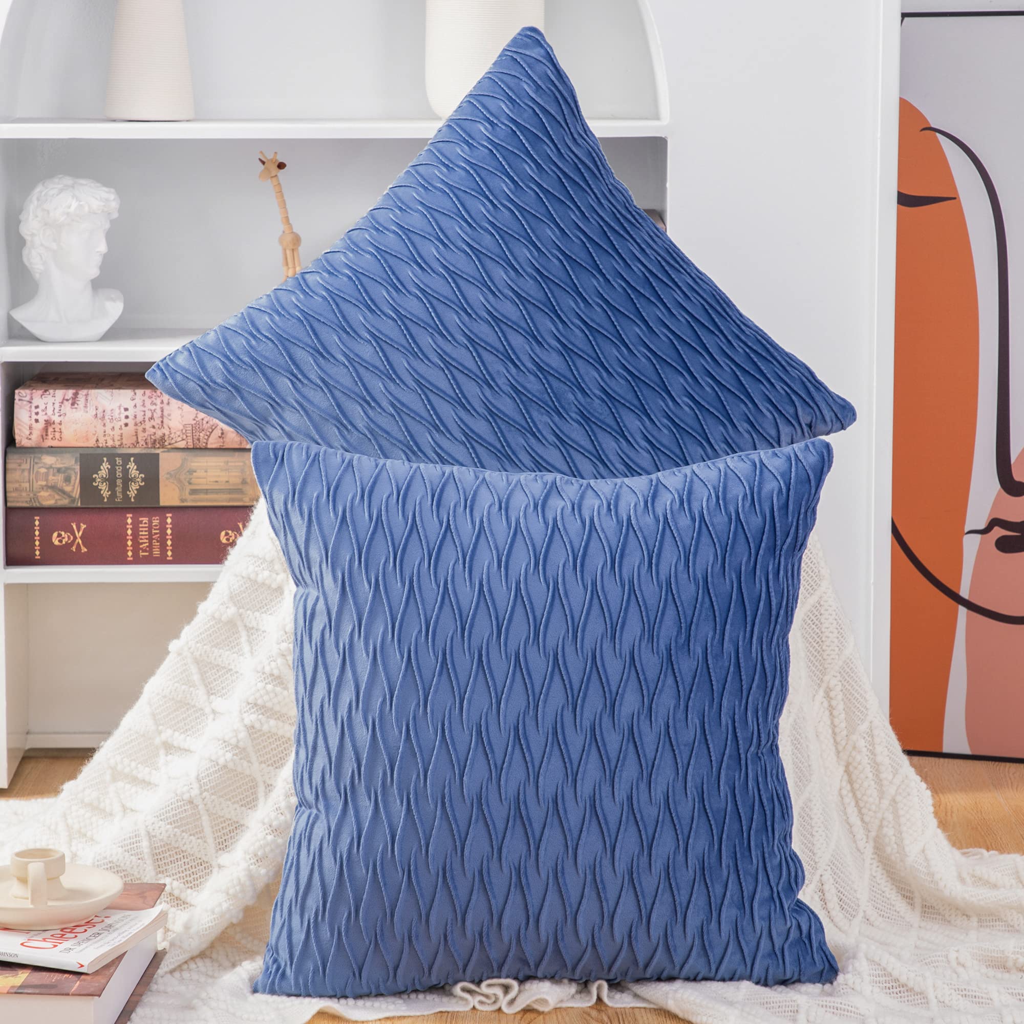 Madizz Set Of 2 Super Soft Velvet Decorative Throw Pillow Covers 24X24 Inch Royal Blue Square With Texture Luxury Style Cushion