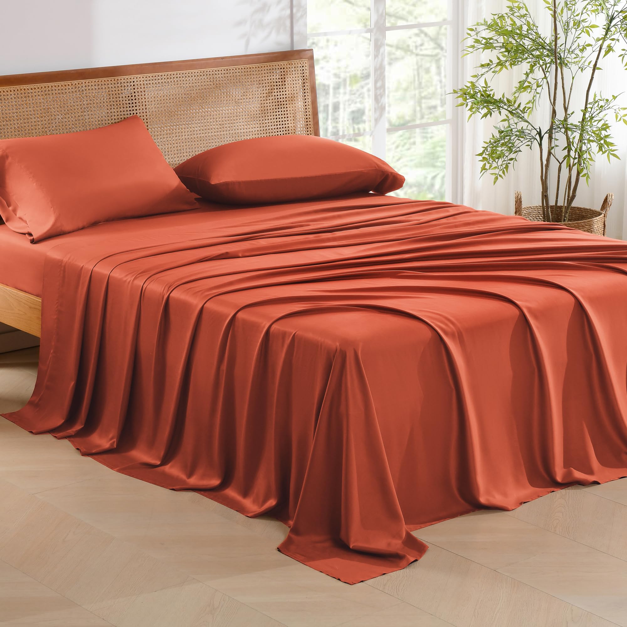 Andency Orange Full Size Bed Sheets, 100% Viscose Derived From Bamboo, Cooling Full Sheets, Deep Pocket Up To 16', Silky Soft Bed Sheets, Hotel Luxury Breathable Bedding Sheets & Pillowcases…