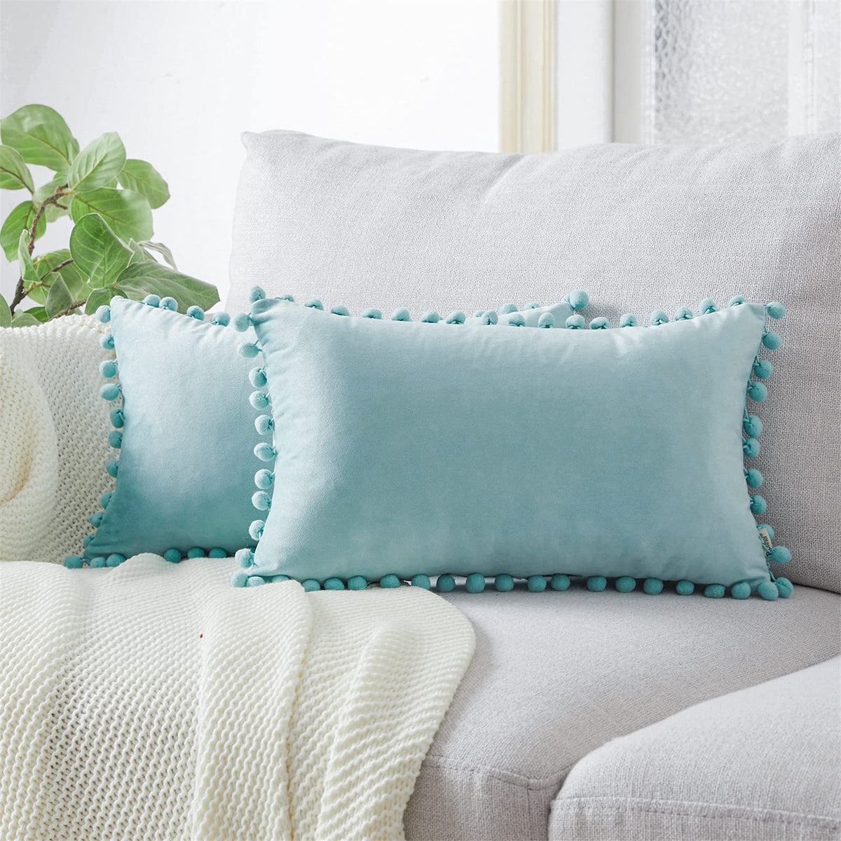 Top Finel Lumbar Pillow Covers 12X20 Set Of 2, Baby Blue Decorative Throw Pillow Cover Soft Velvet Couch Cushion Covers With Pom