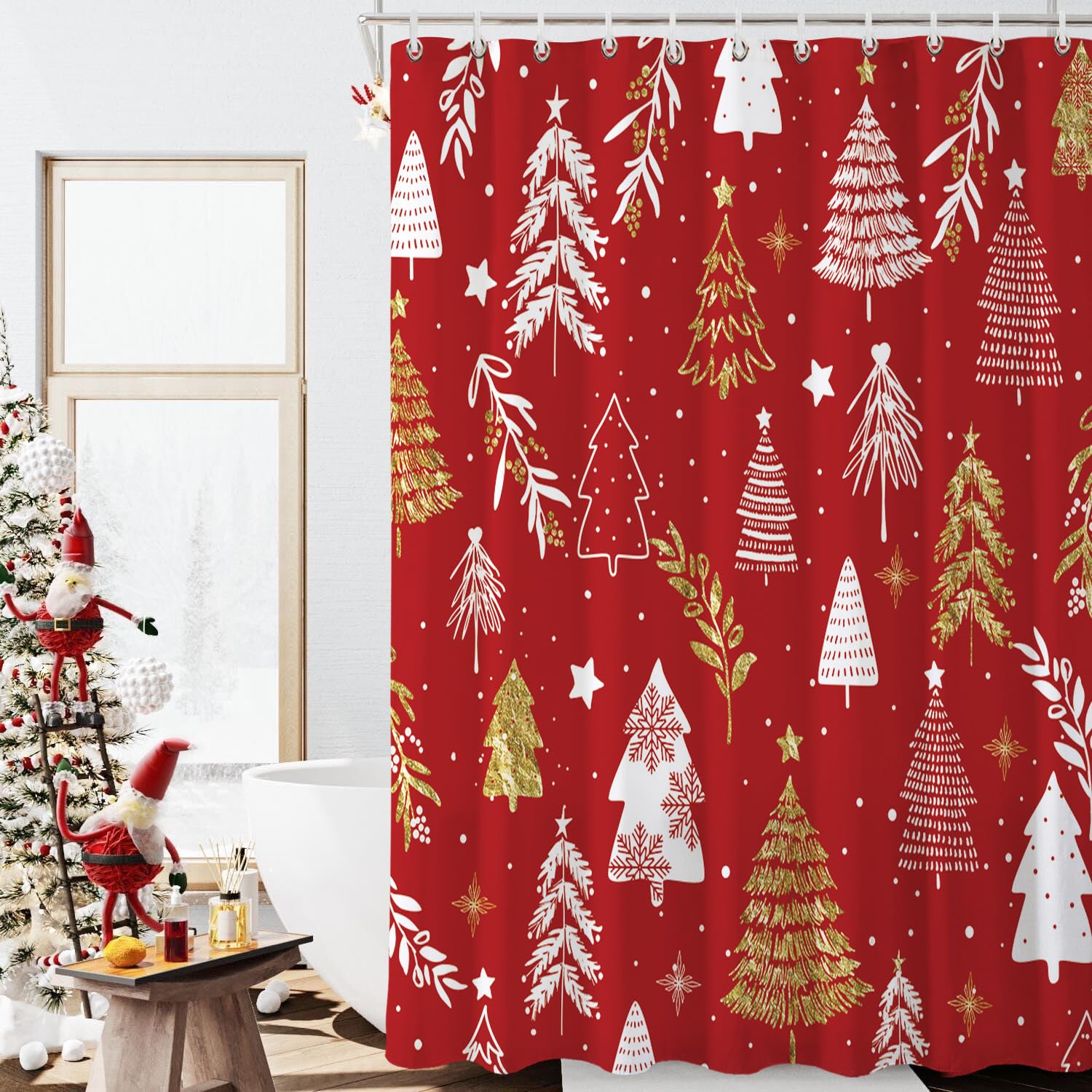 Baccessor Merry Christmas Tree Shower Curtain New Year Red Xmas Pine Trees Snowflake Winter Shower Curtain Polyester Fabric Bath