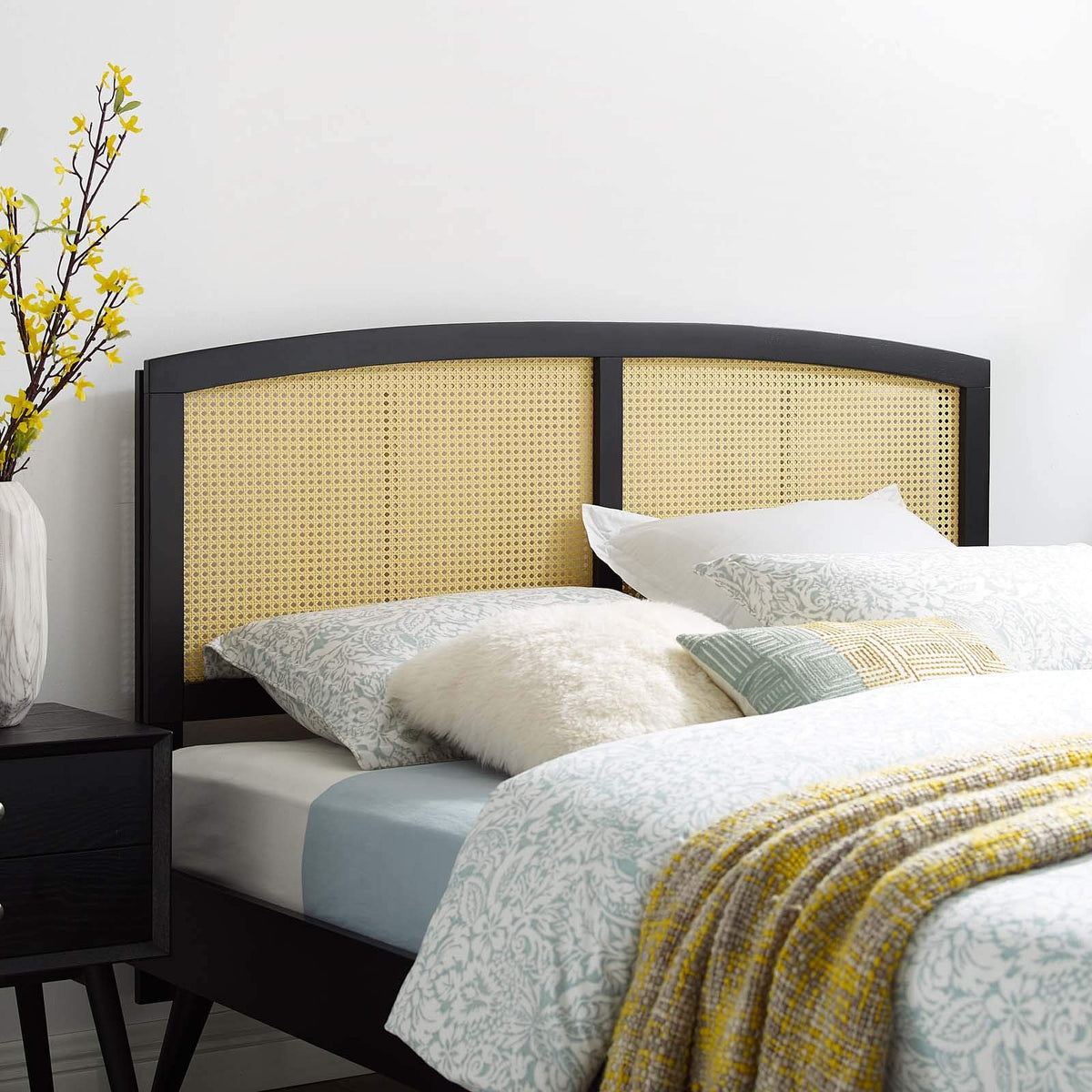 Modway Halcyon Cane Woven Rattan Queen Headboard In Black