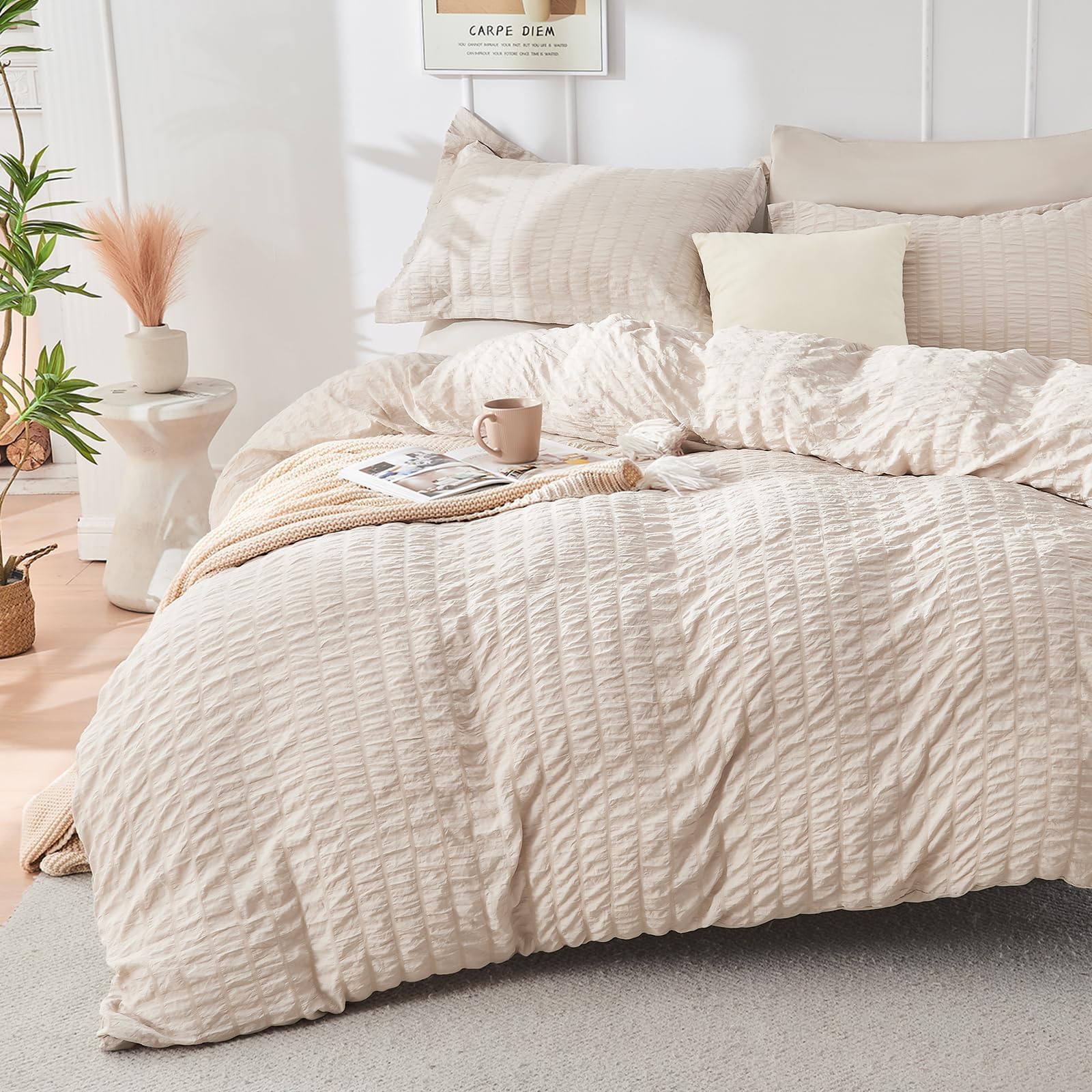 Hymokege Beige Duvet Cover King Size, Ultra Soft 3-Piece Seersucker Duvet Cover Set With Zipper Closure, Soft Brushed Microfiber