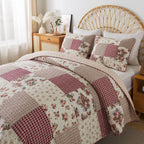 Slpr Country Roses Patchwork Cotton Pieced Quilt Set - King Size With 2 Shams, French Country Style Floral Bedding, Red Rose Far