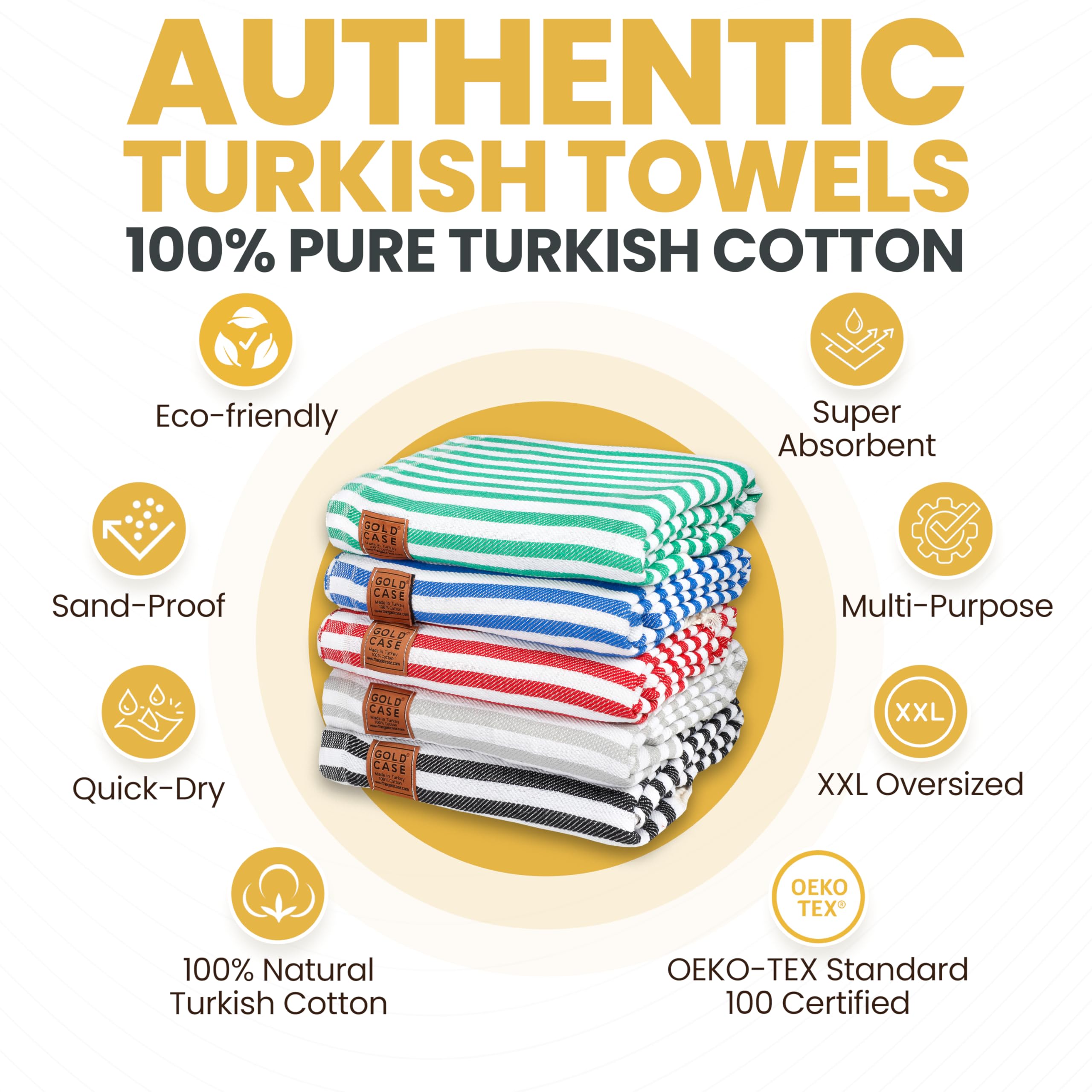Gold Case Home Collection Myra Original Turkish Beach Towel Set Of 5-100% Cotton Beach Towels - Oversized Turkish Towels Set - Q