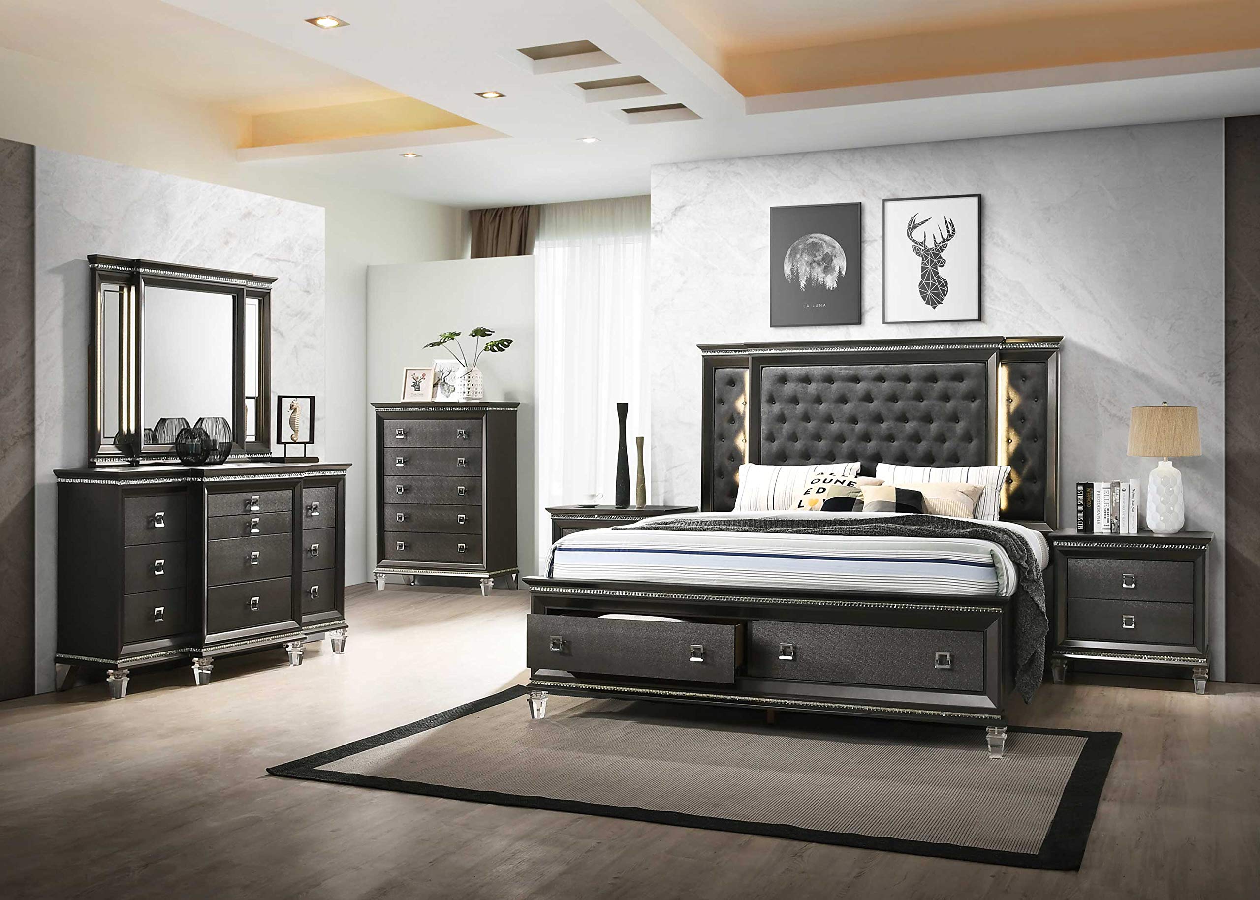 Best Quality Furniture Bellagio 6Pc California King Bed + Dresser + Mirror + 2 Nightstands + Chest, Metallic Gray