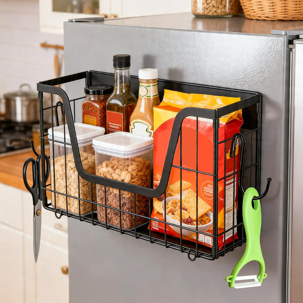 Saiveina Magnetic Fridge Shelf Organizer, Ventilated Baskets for Potato Onion Fruit Storage, No Drill Magnetic Shelf for Refrige