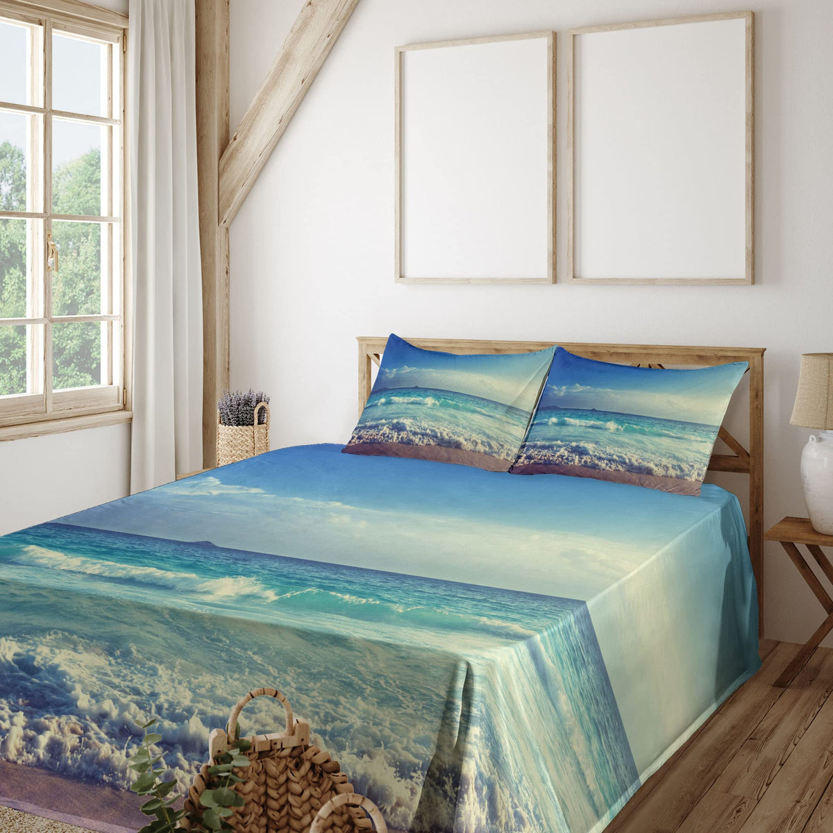 Ambesonne Ocean Sheet Set, Tropical Island Paradise Beach At Sunset Time Waves And The Misty Sea Image, Fitted And Flat Sheet Wi