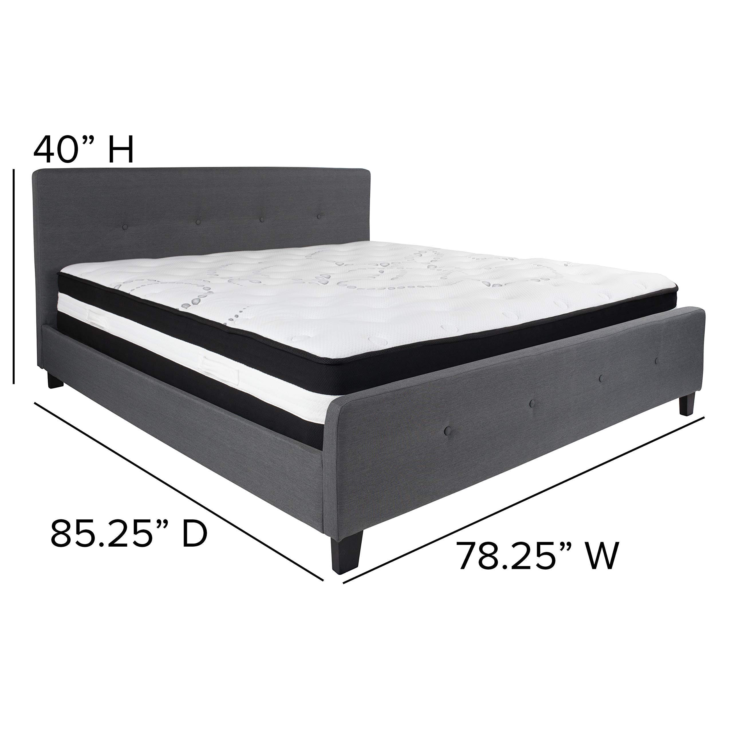 Flash Furniture Tribeca King Size Tufted Upholstered Platform Bed in Dark Gray Fabric with Pocket Spring Mattress