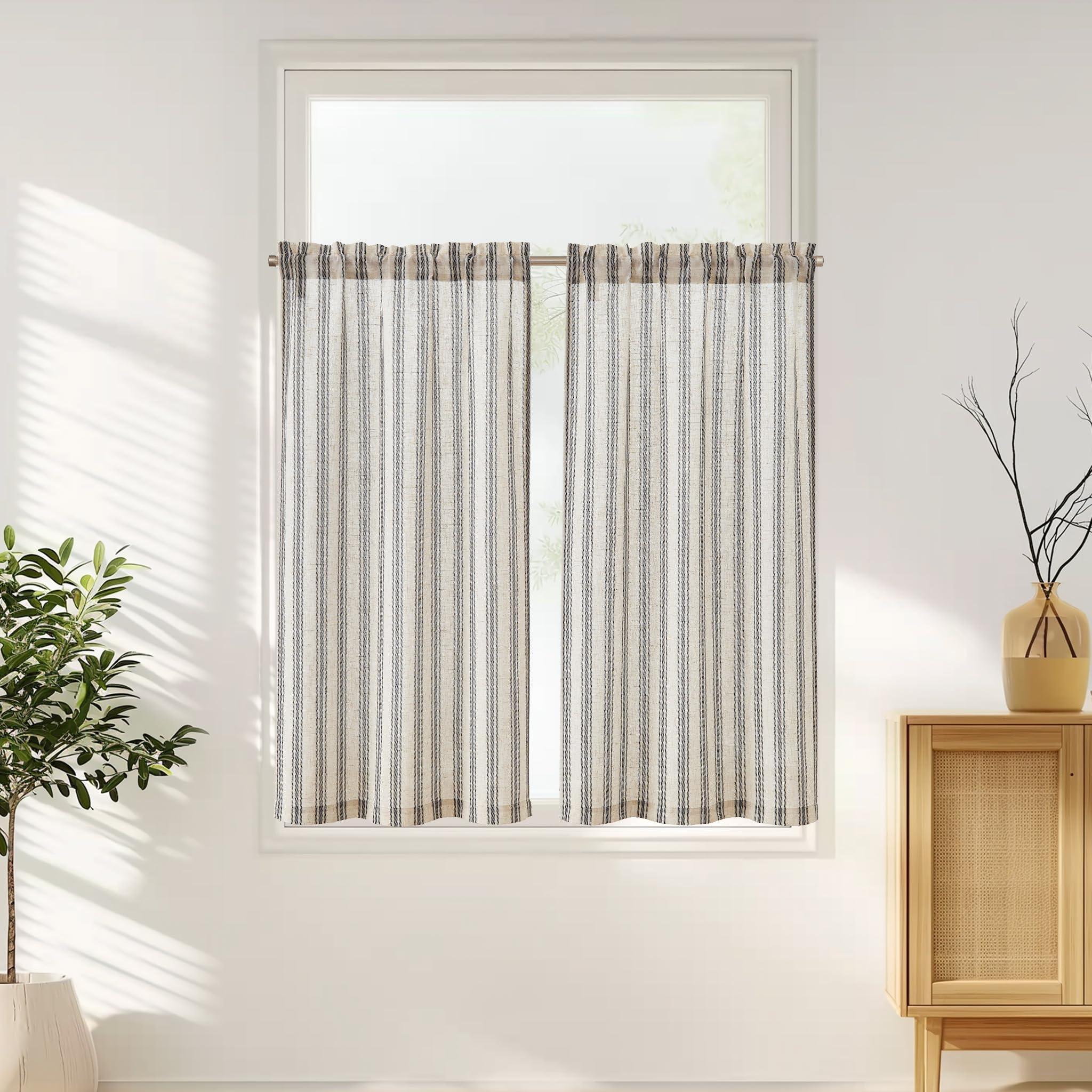 Jinchan Kitchen Curtain Linen Tier Curtain Striped Cafe Curtain 45 Inch Stripe Small Window Curtain Balanced Stripe Curtain Light Filtering For Bathroom Laundry 2 Panels Black On Beige