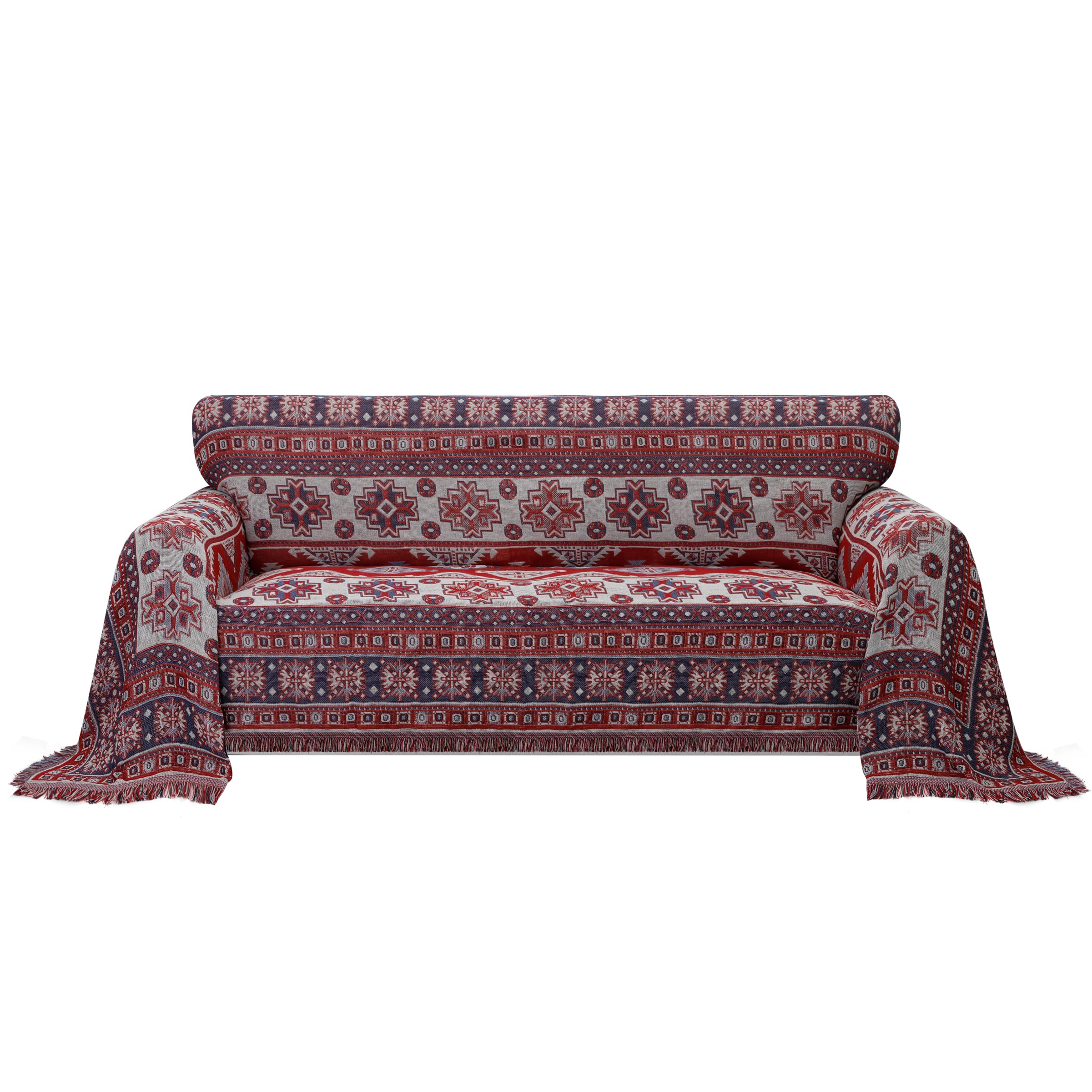 Purefit Geometric Jacquard Throw Sofa Cover - Textured Soft Washable Decorative Couch Covers For 3 Cushion Couch, Throw Cover With Tassels Furniture Protector For Pets, Kids (X-Large, Bohemia Red)