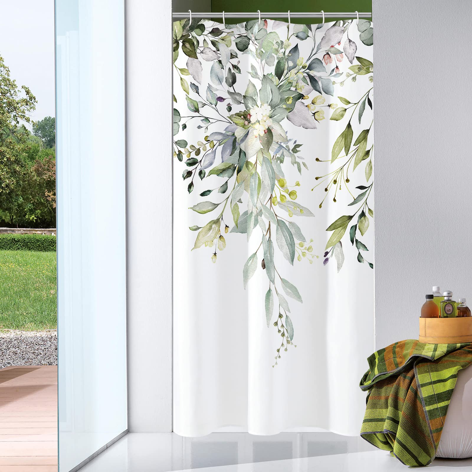 Gibelle Small Stall Shower Curtain 36 x 72, Narrow Half Sage Green Floral Fabric Shower Curtain, Watercolor Plant Eucalyptus Lea