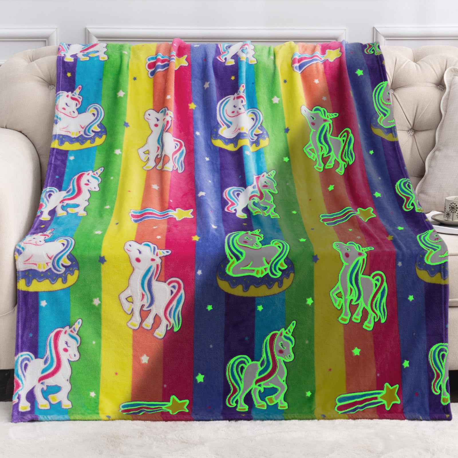 Unicorn Gifts Toys For Kids Girls - Glow In The Dark Blanket Birthday Christmas Halloween Presents Rainbow Donut Throw For Age 1 2 3 4 5 6 7 8 9 10 12 13 Years Old Teen Child Toddler Colorful 50'X60'