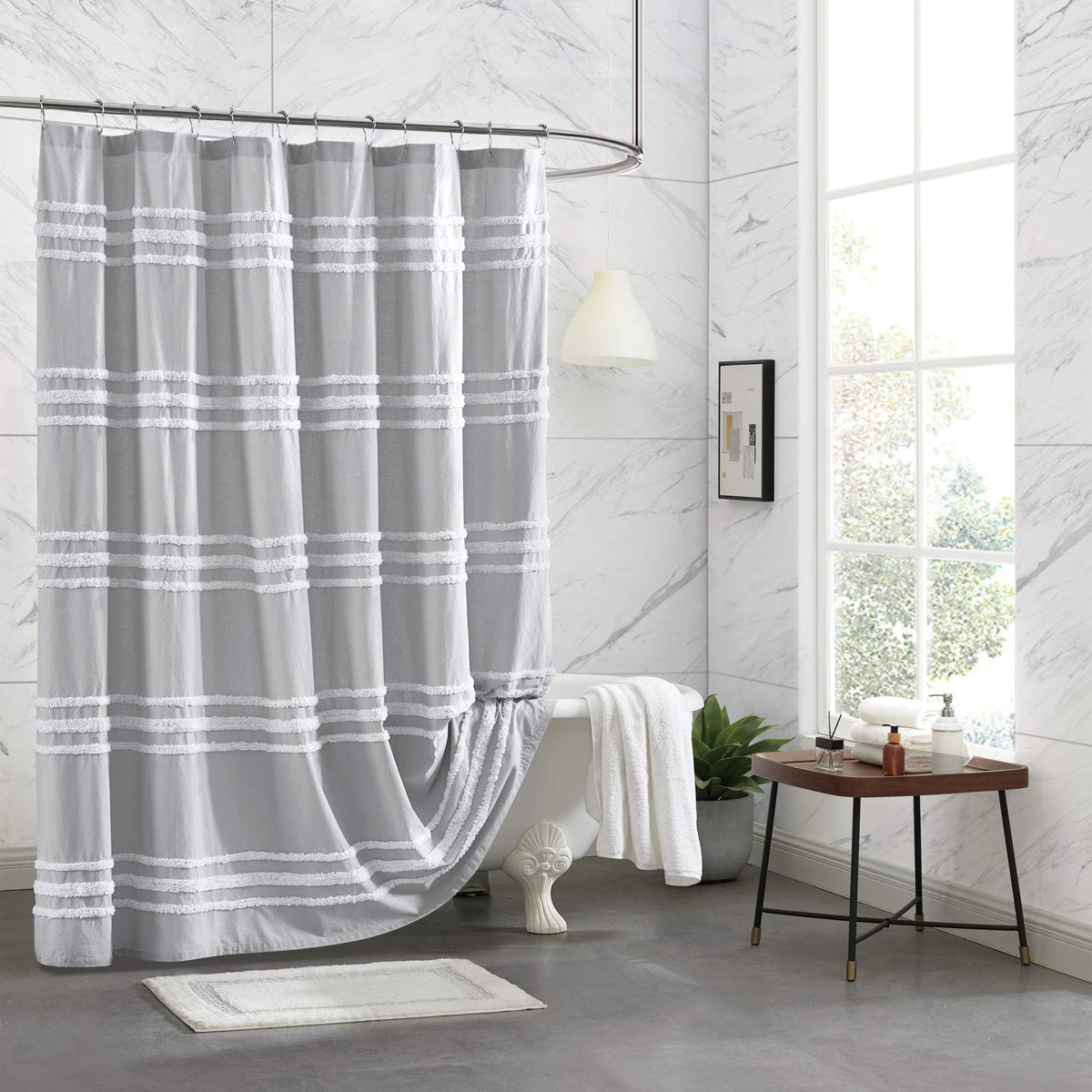 Dkny Chenille Stripe 100% Cotton Fabric Shower Curtain For Bathroom, 72 X 72 Inches, Grey